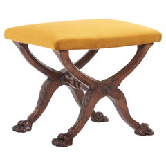 19th Century Carved Walnut Lion Paw Stool In Deep Gold Velvet