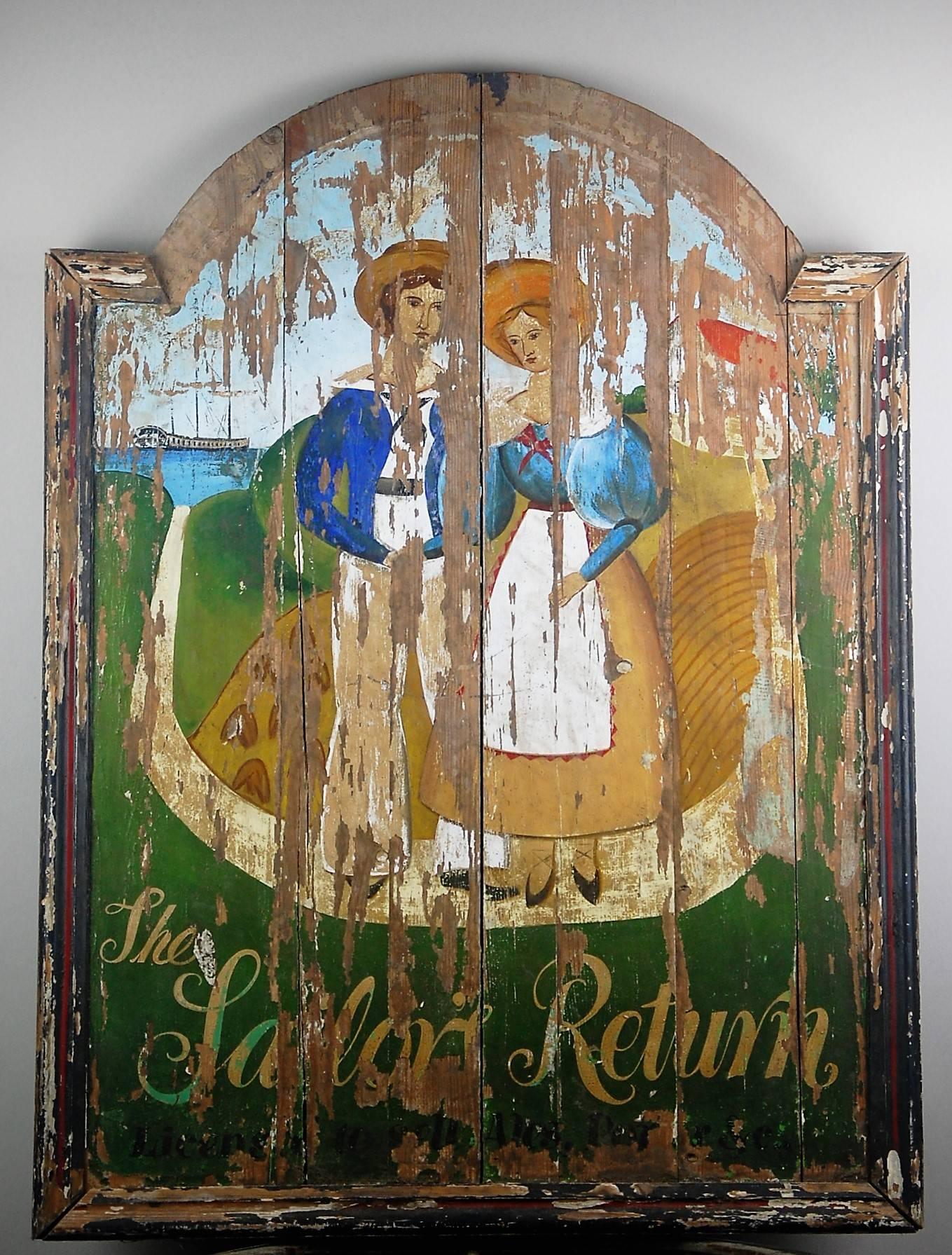 The Sailors Return naive Folk Art tavern sign, hand-painted on wood boards, heavily weathered and distressed. Cornwall, England, circa 1890.