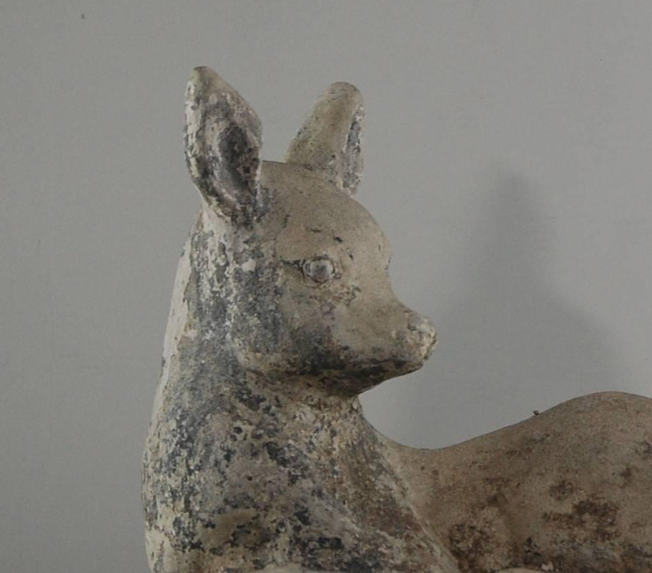 French Weathered 20th Century Concrete Statues of Deer and Fawn