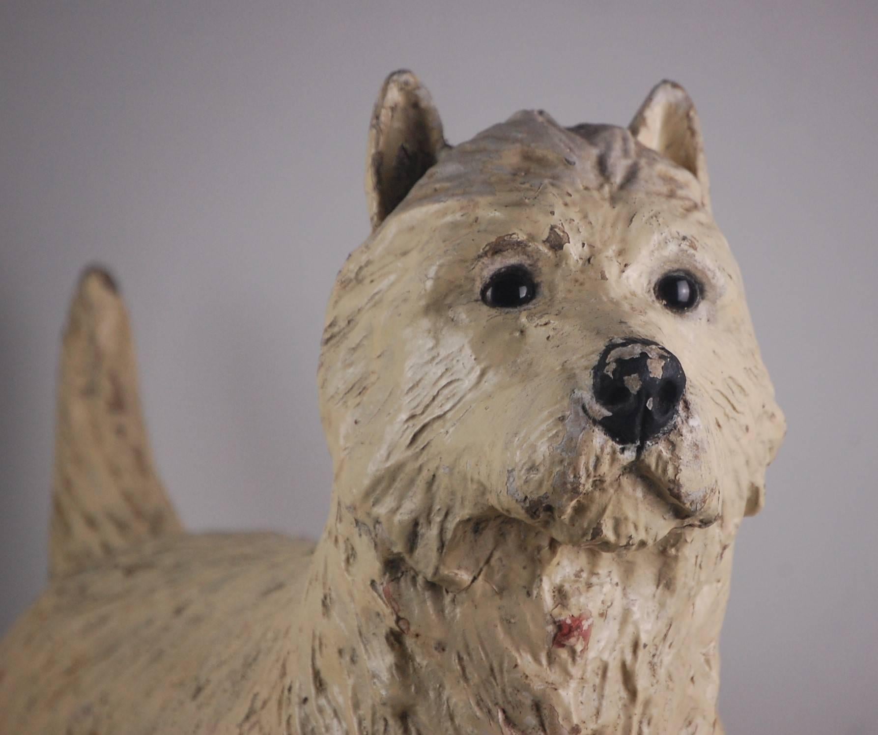Extraordinary life-sized adult west highland white terrier, heavy weight painted papier mâché, surviving from the middle of the 20th century. Remarkable condition. He stands alone, has light paint loss in places, the worst of which is on the top of