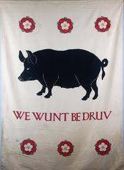 Early 20th Century Applique Banner, Sussex Pig "We Wunt Be Druv"