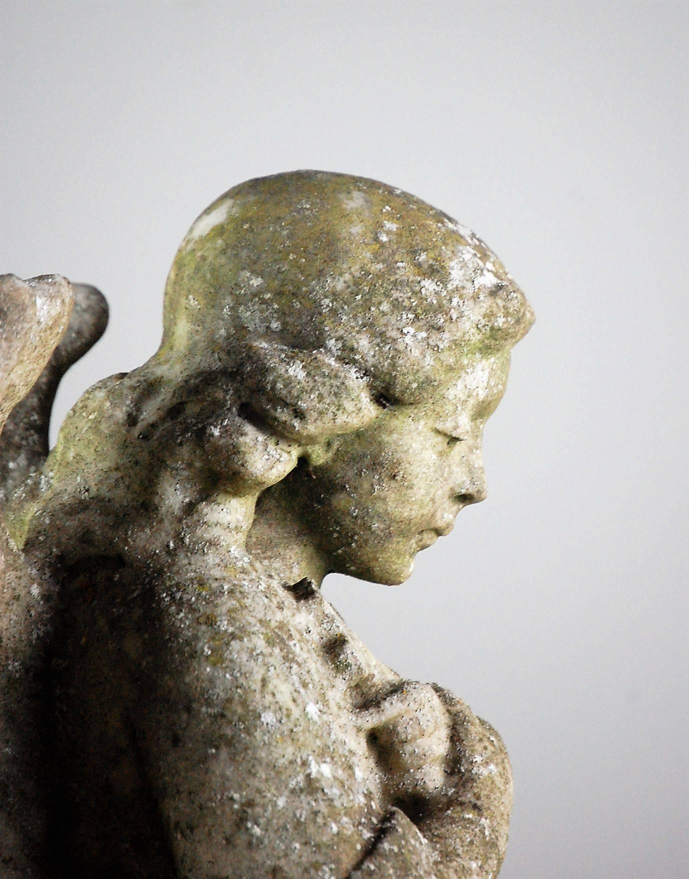 19th Century Weathered French Marble Angel in Prayer In Excellent Condition In Pease pottage, West Sussex