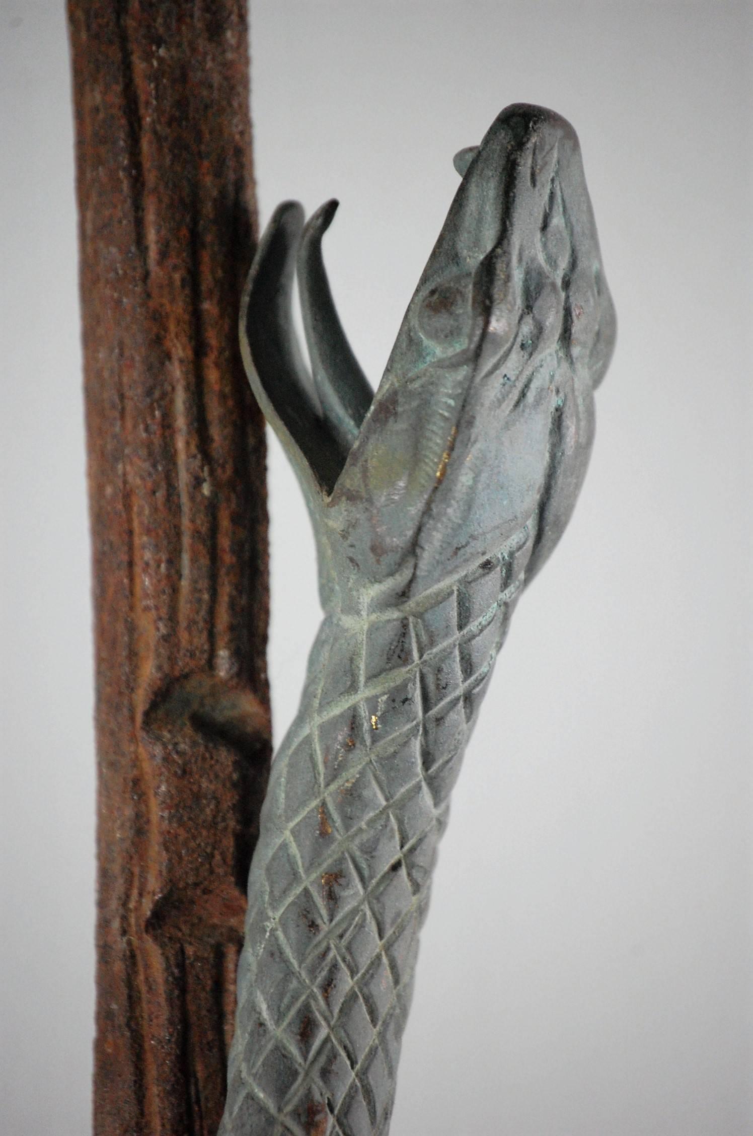 French wrought iron and bronze Apothecary trade sign. The serpent is bronze with heavy Verdigris and the flower adorned rod is wrought iron. We believe this sign to be a depiction of the rod of Aslepius, which has always been associated with