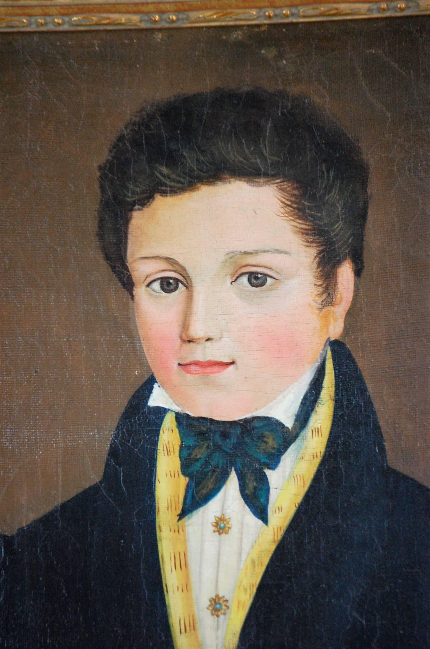 Naïve oil on canvas portrait of a French gentleman, unsigned, two old well executed repairs to the canvas, light craqulure to the paint. Later frame, French, circa 1880.