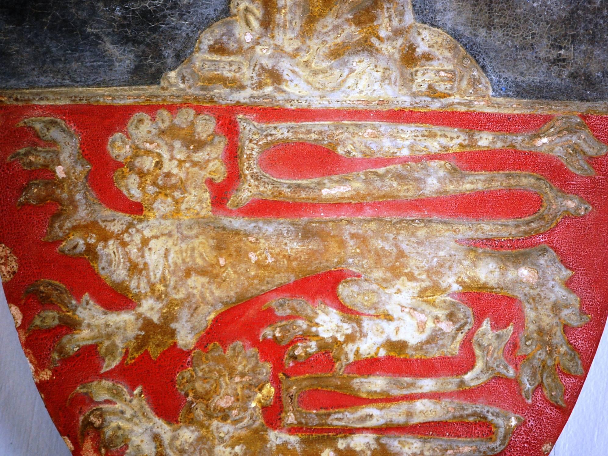 Early 20th century warrant shield in plaster and original distressed paint, remnant gilding still present. Signed and dated (1912) to the rear. With further indistinct script.