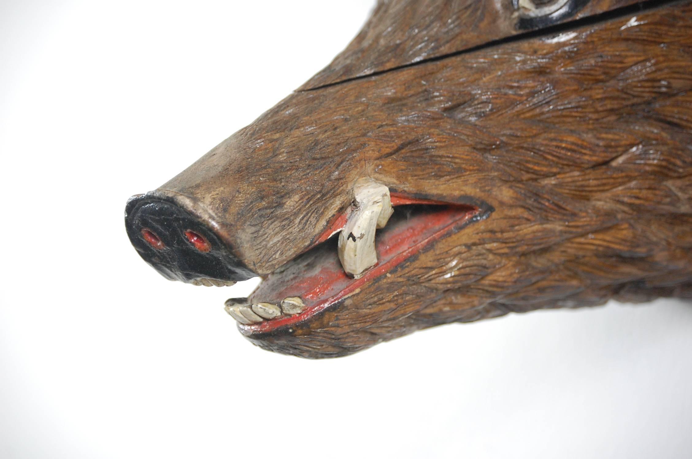 Early 20th Century Black Forest Carved Wood Trophy Boar Head In Good Condition In Pease pottage, West Sussex