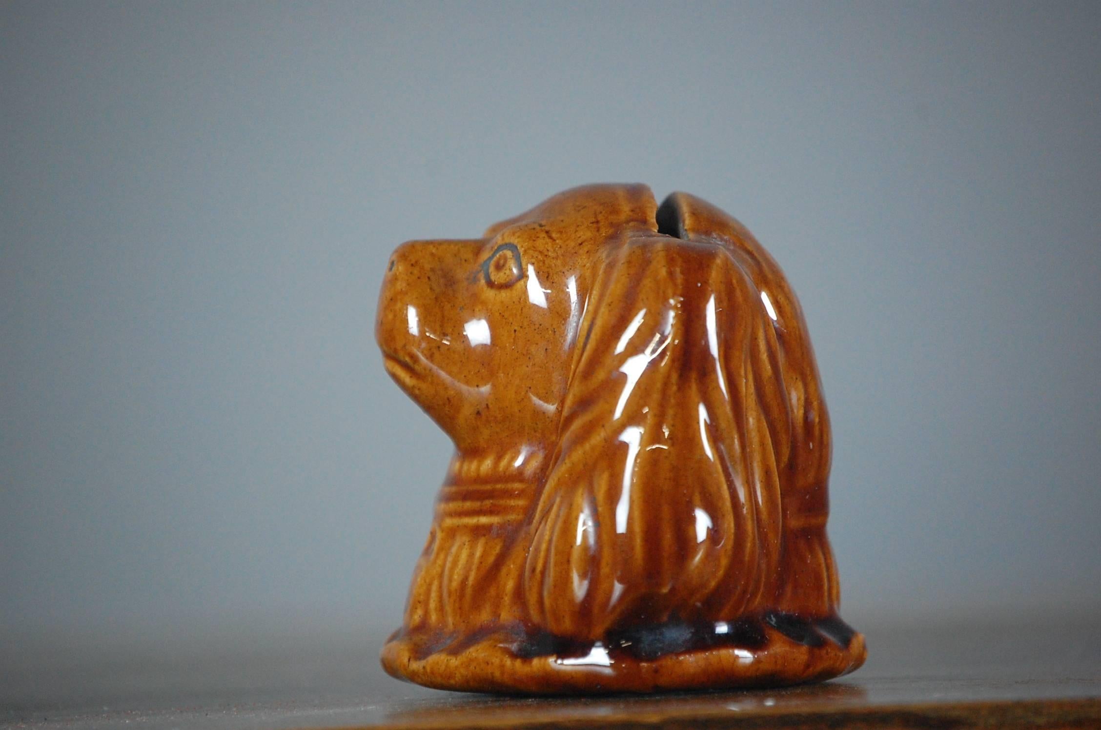 19th Century Treacle Glazed Staffordshire Spaniel Head Money Box In Excellent Condition In Pease pottage, West Sussex