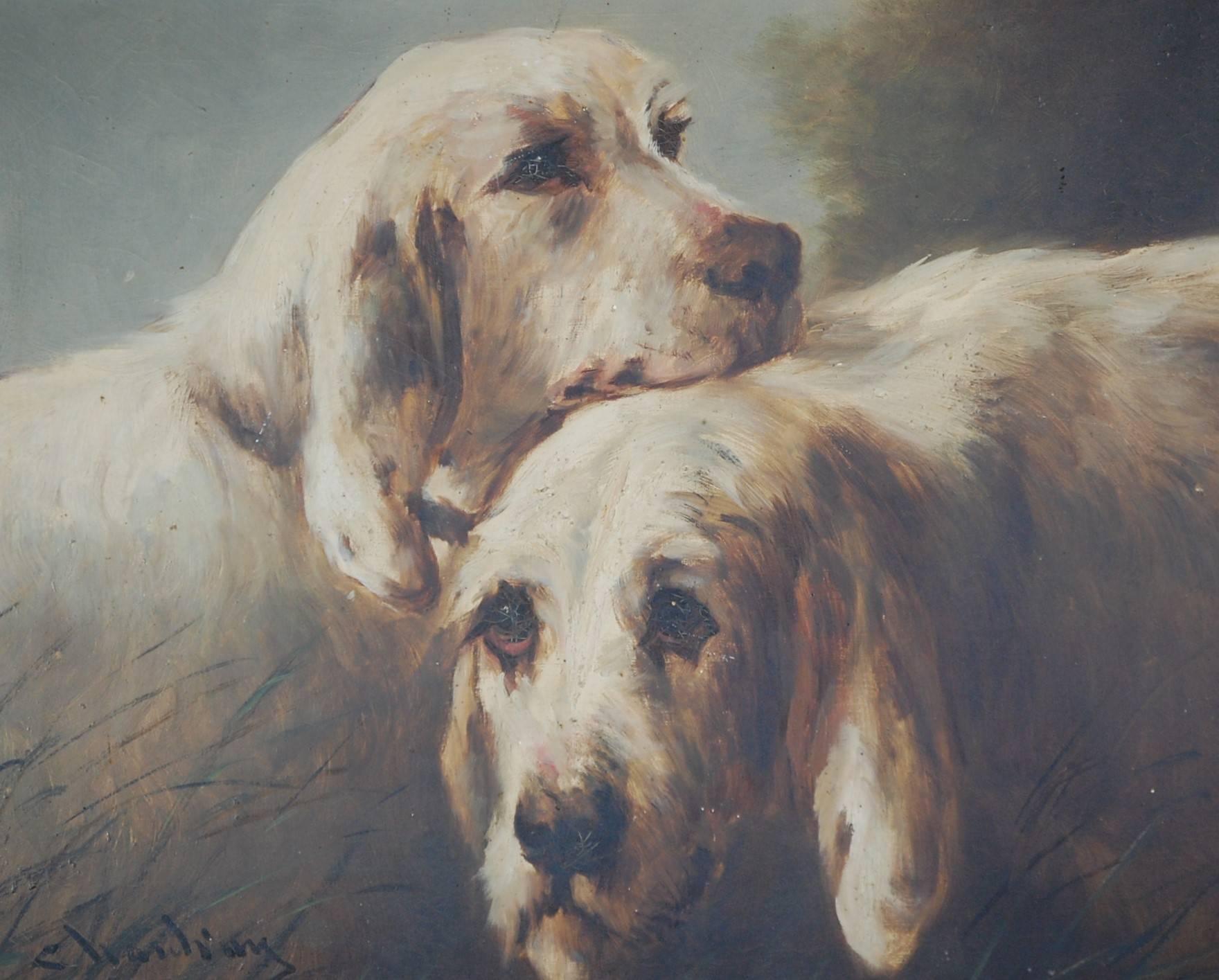 Pair of large oil on canvas dog portraits, wonderfully expressive faces, English, circa 1900. Price is for the pair. Light craquelure, Signed.