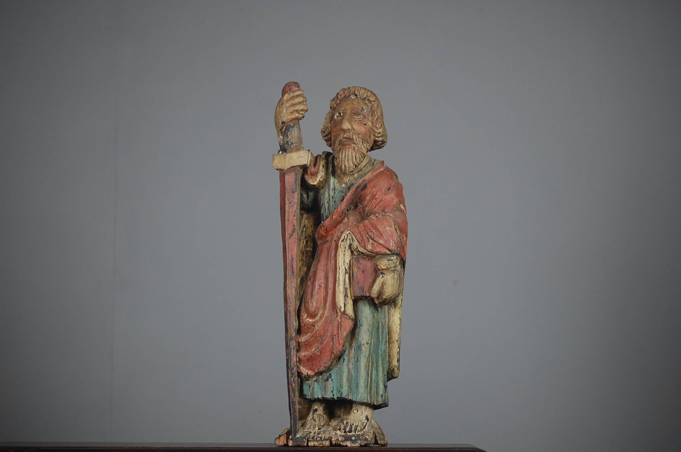 19th Century Naive Carved Wood St Paul in Original Paint In Good Condition In Pease pottage, West Sussex