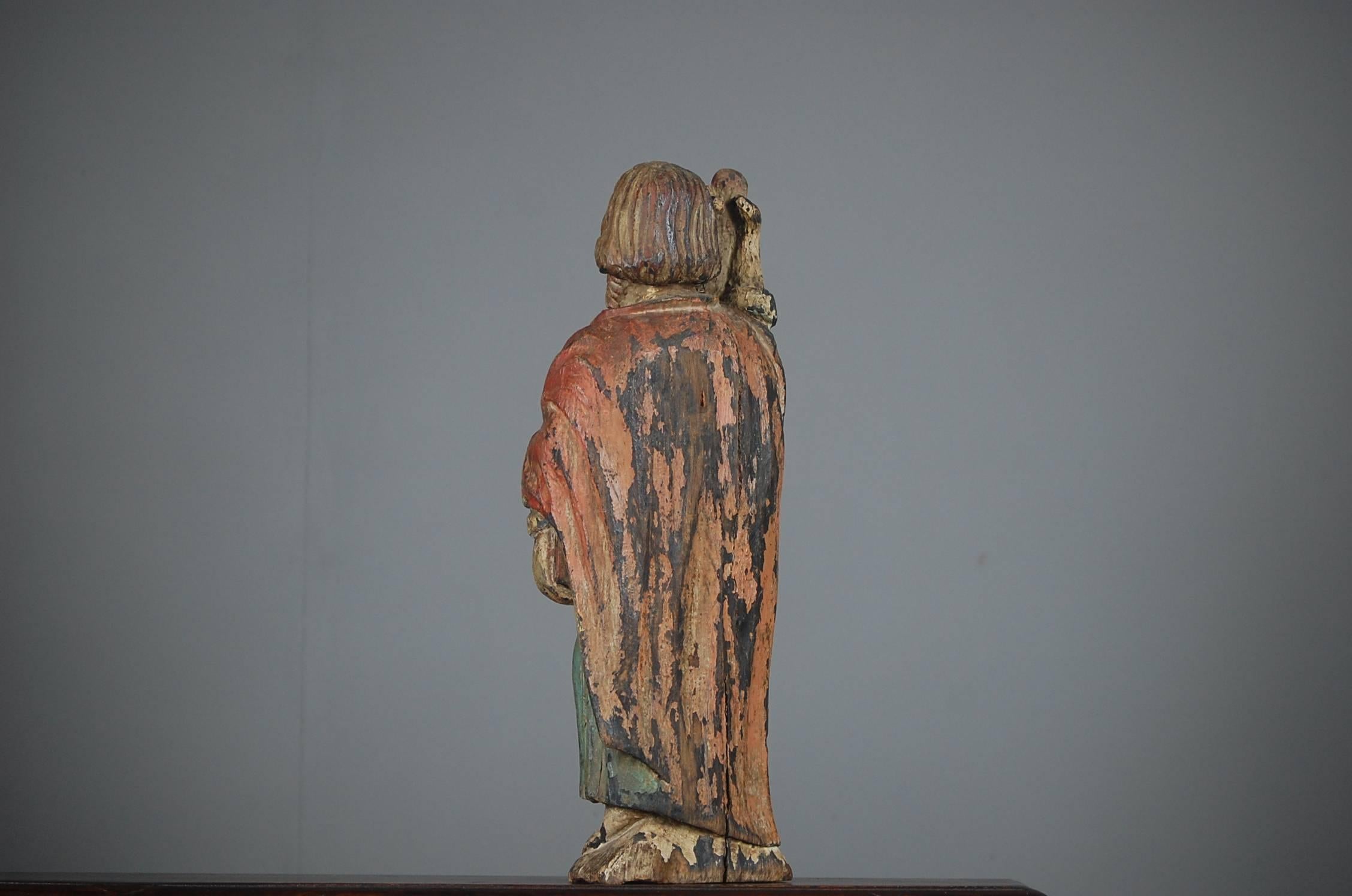 19th Century Naive Carved Wood St Paul in Original Paint 1