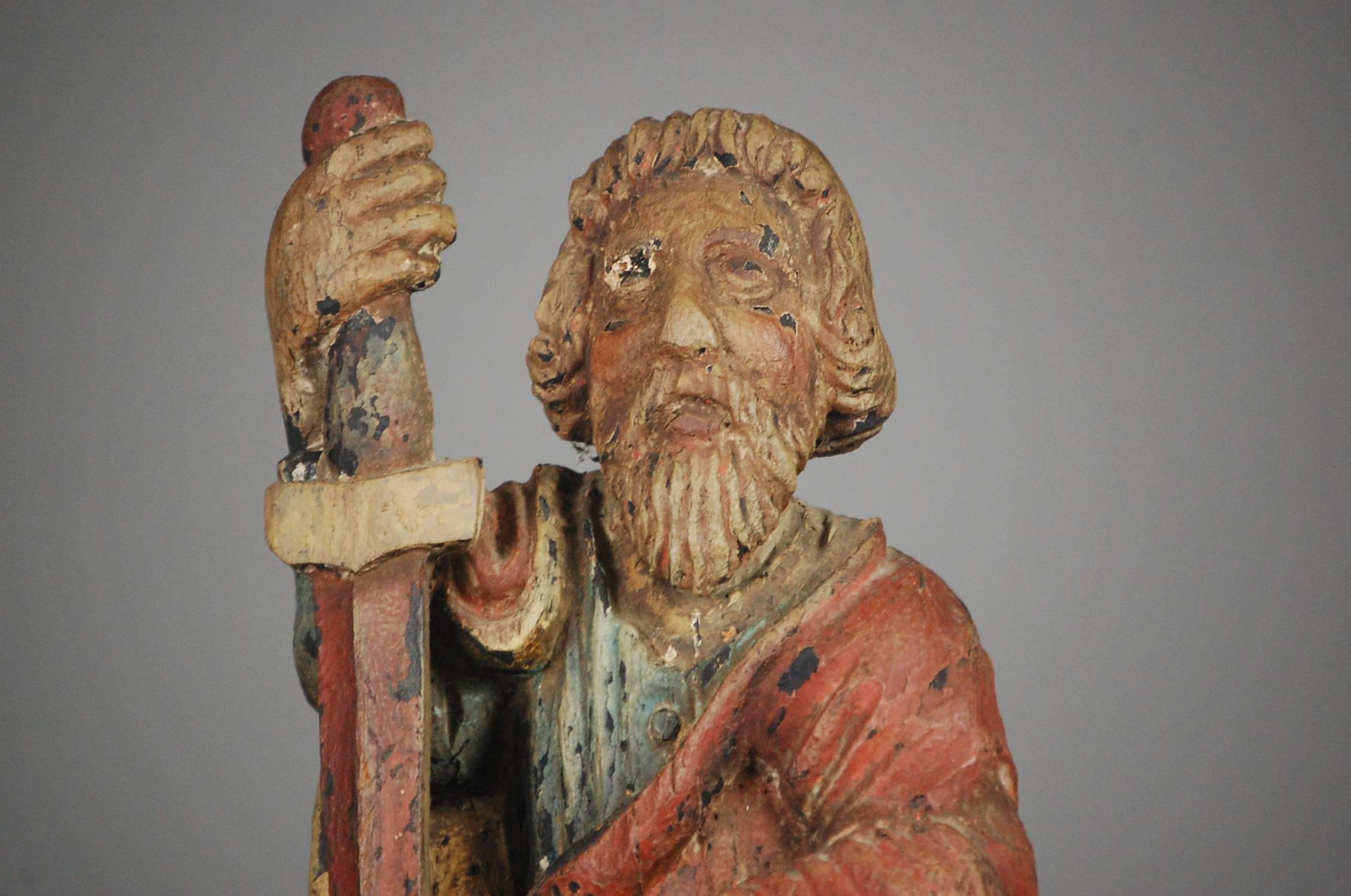 19th Century Naive Carved Wood St Paul in Original Paint 4