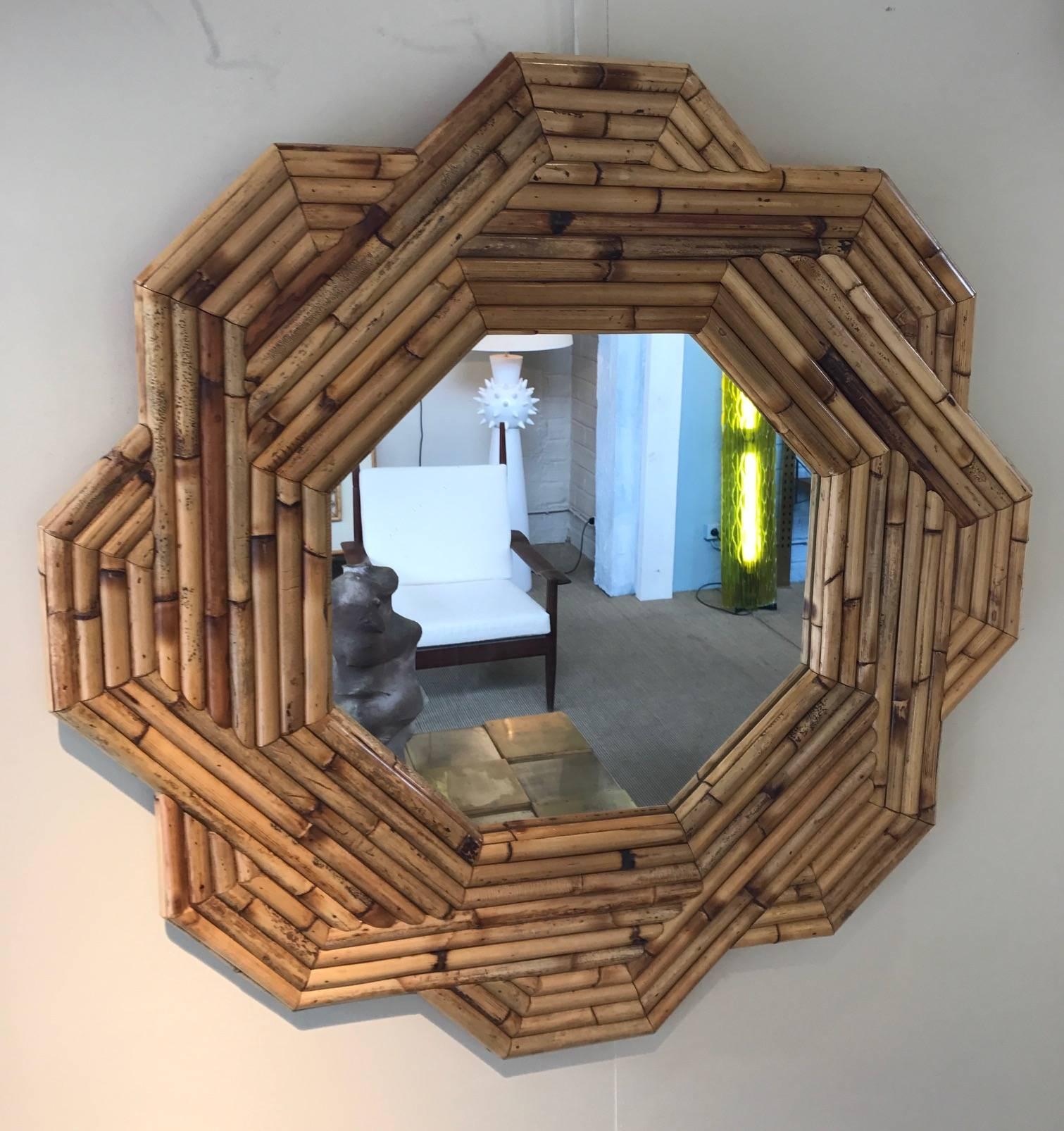 Rattan wall mirror from the 1970s, France.