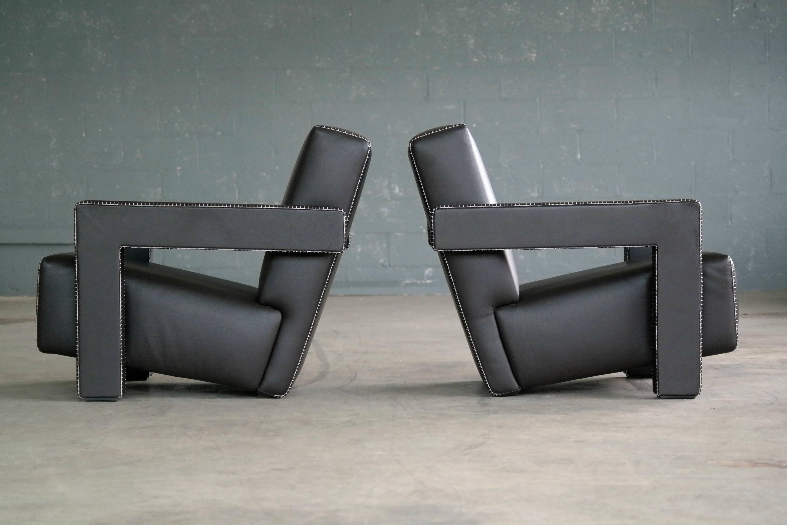 Italian Gerrit Rietveld Pair of Utrecht Lounge Chairs in Dark Mocha Leather by Cassina