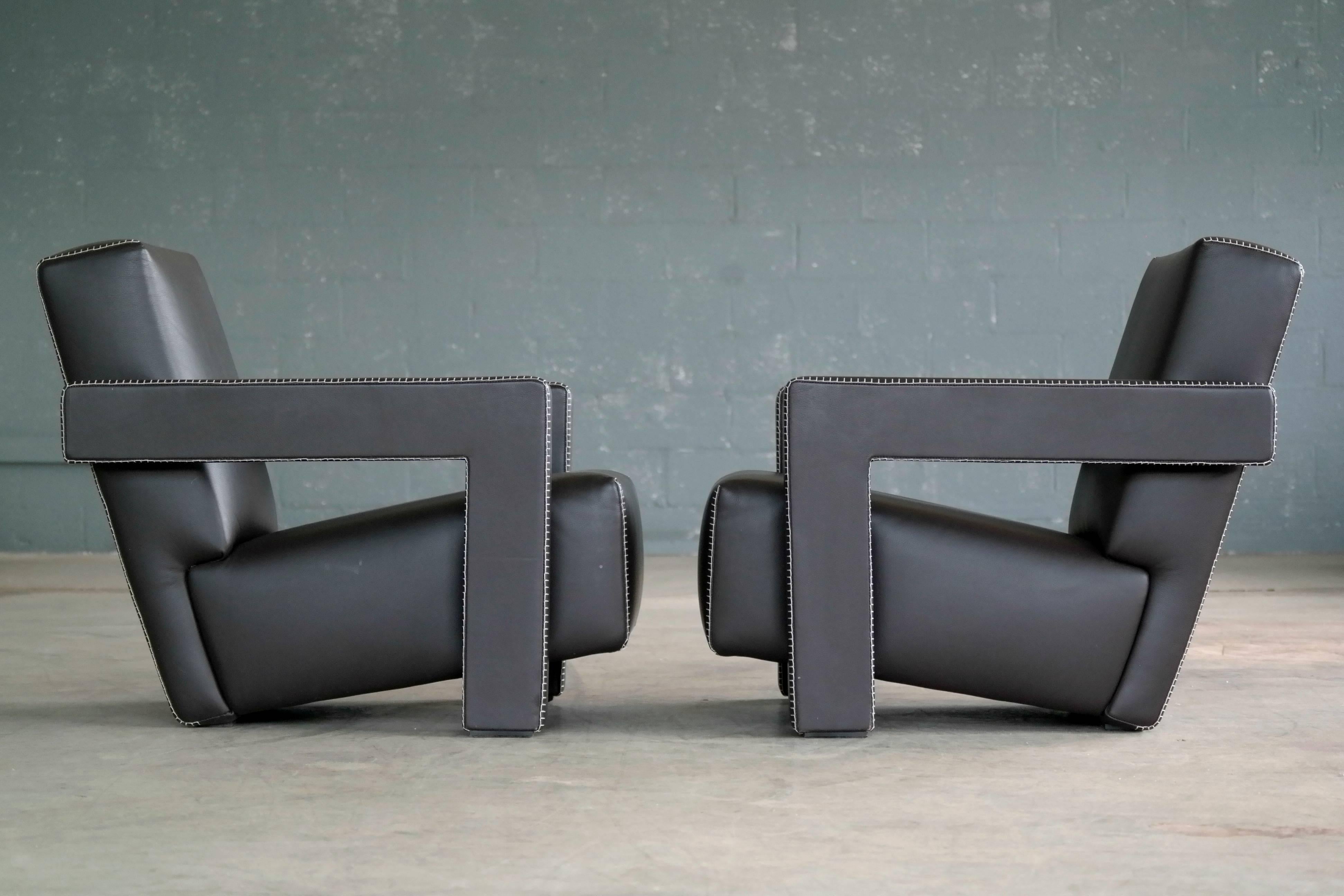 Mid-20th Century Gerrit Rietveld Pair of Utrecht Lounge Chairs in Dark Mocha Leather by Cassina