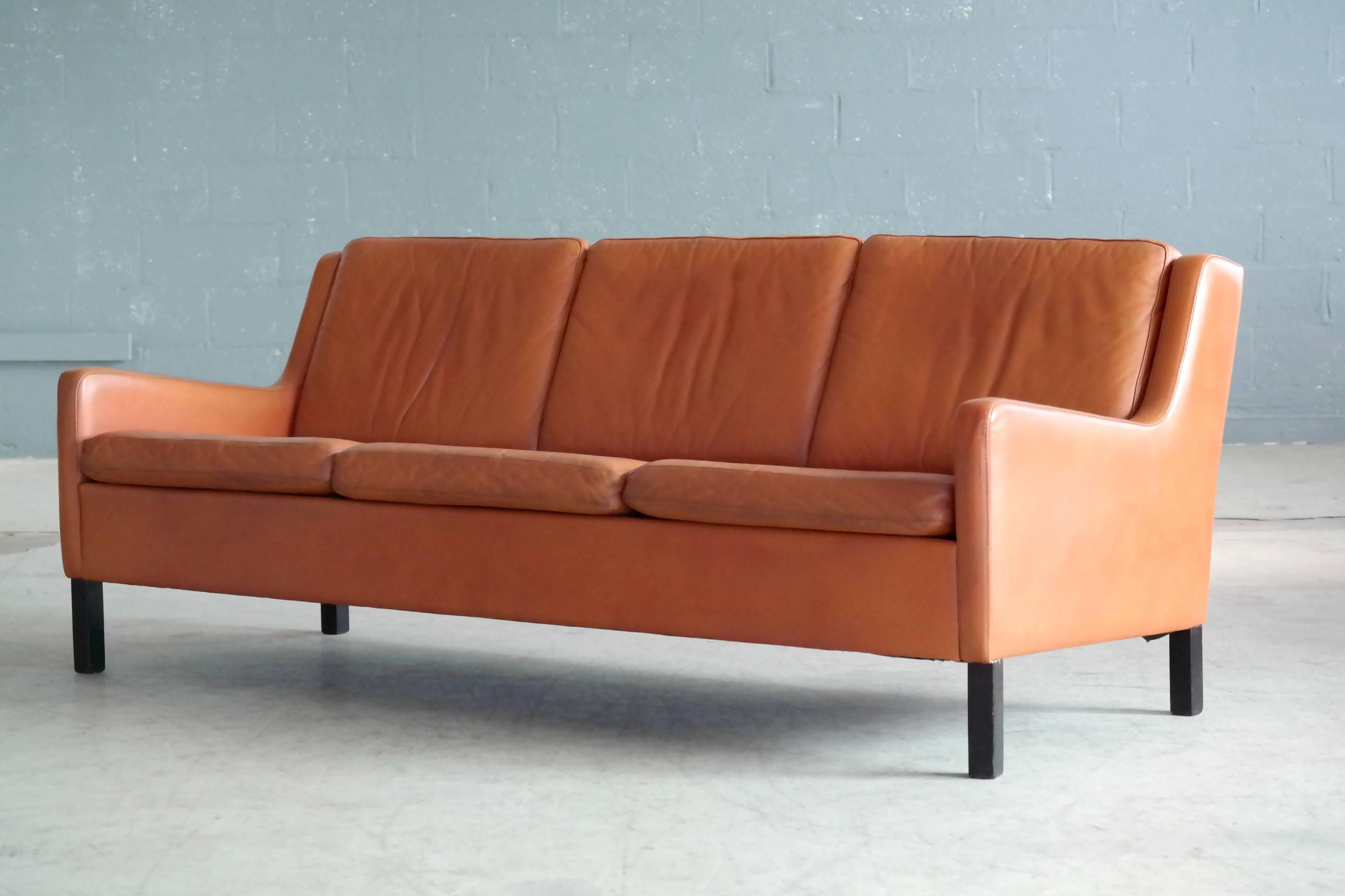 Mid-20th Century Børge Mogensen Style Three-Seat in Cognac Leather by Georg Thams, Denmark