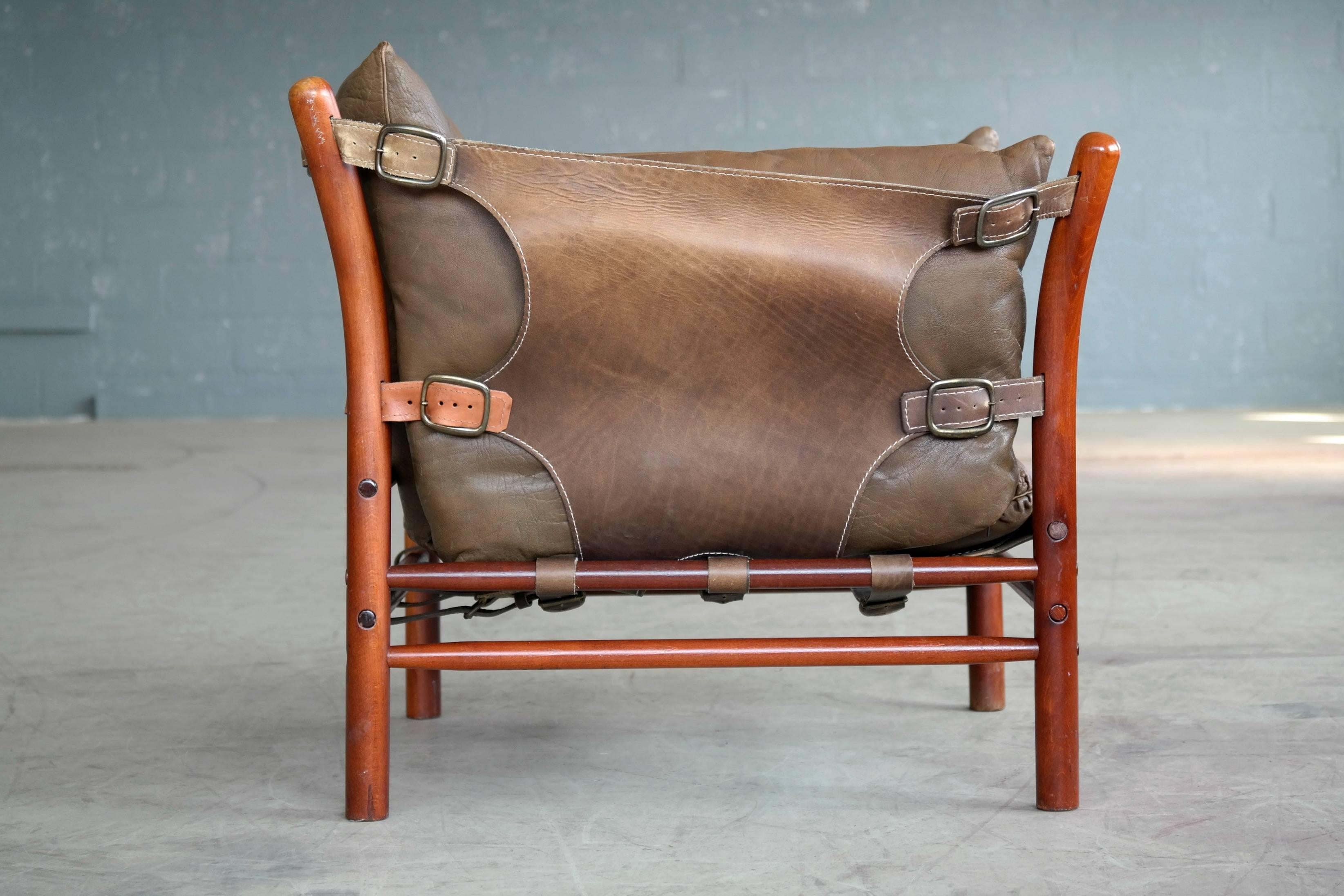 Swedish Arne Norell Safari Chair and Ottoman Model Ilona in Brown Leather and Beech