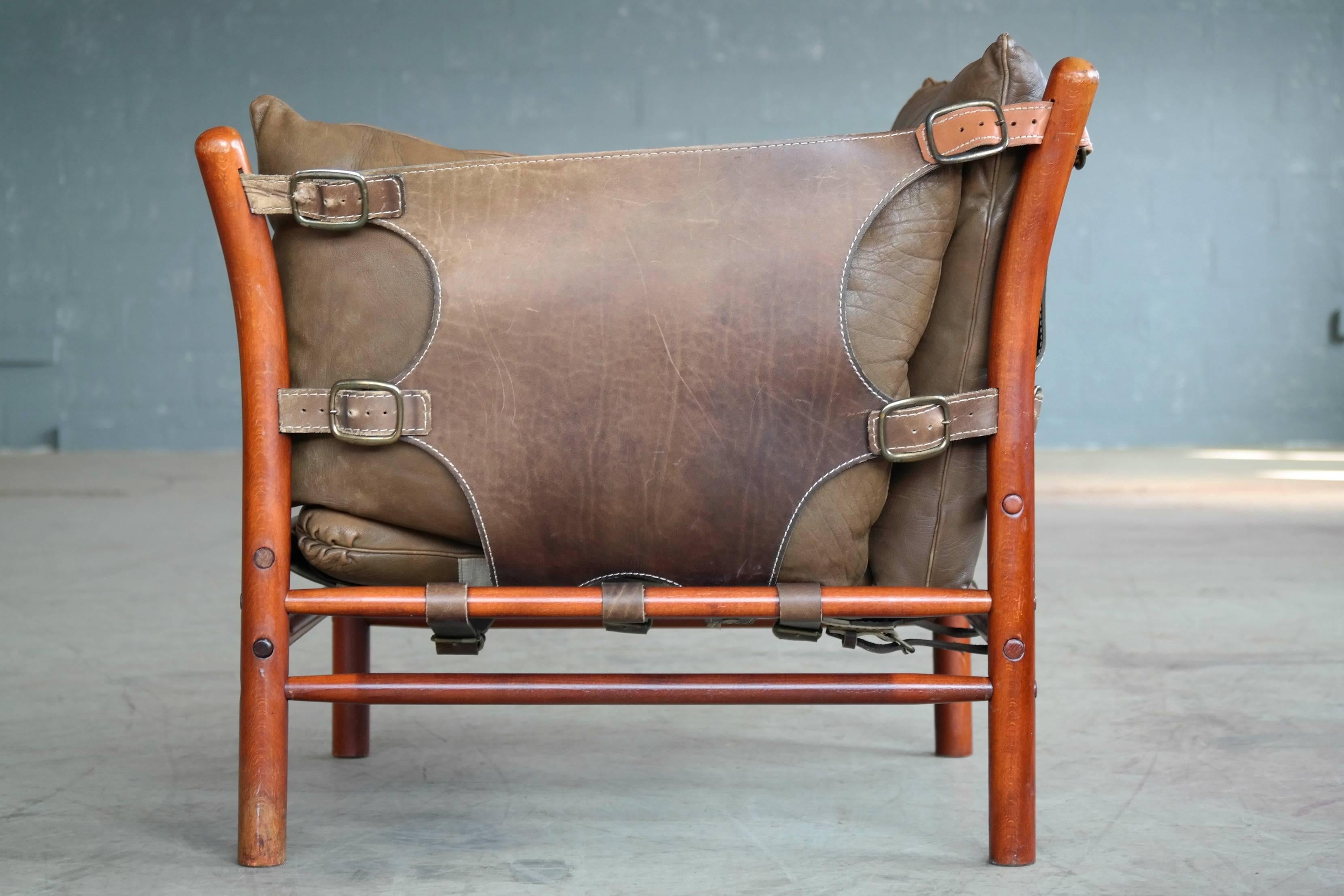 Mid-20th Century Arne Norell Safari Chair and Ottoman Model Ilona in Brown Leather and Beech