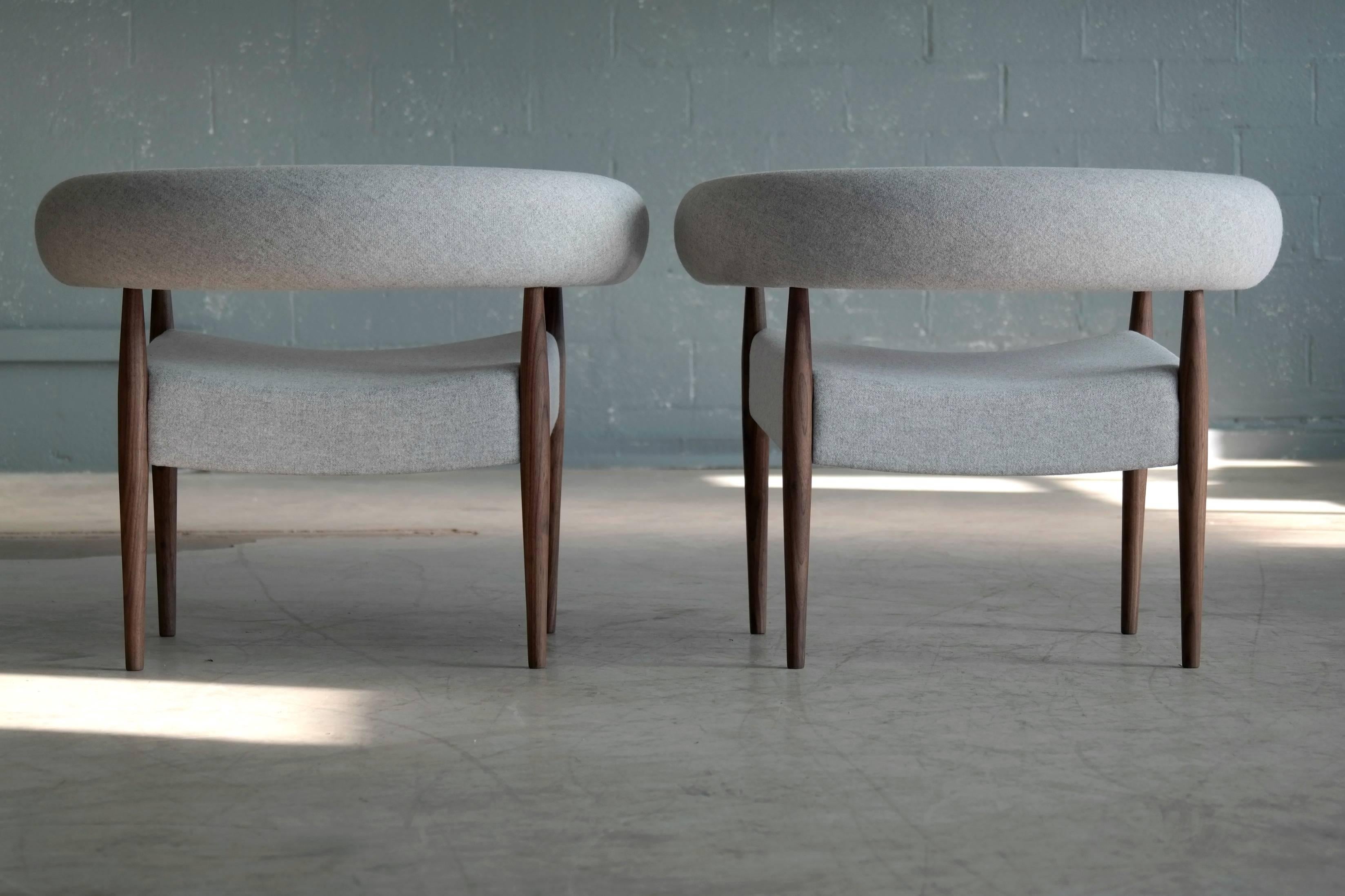 Mid-20th Century Pair of Nanna Ditzel Ring Chairs in Walnut and Wool for GETAMA, Denmark