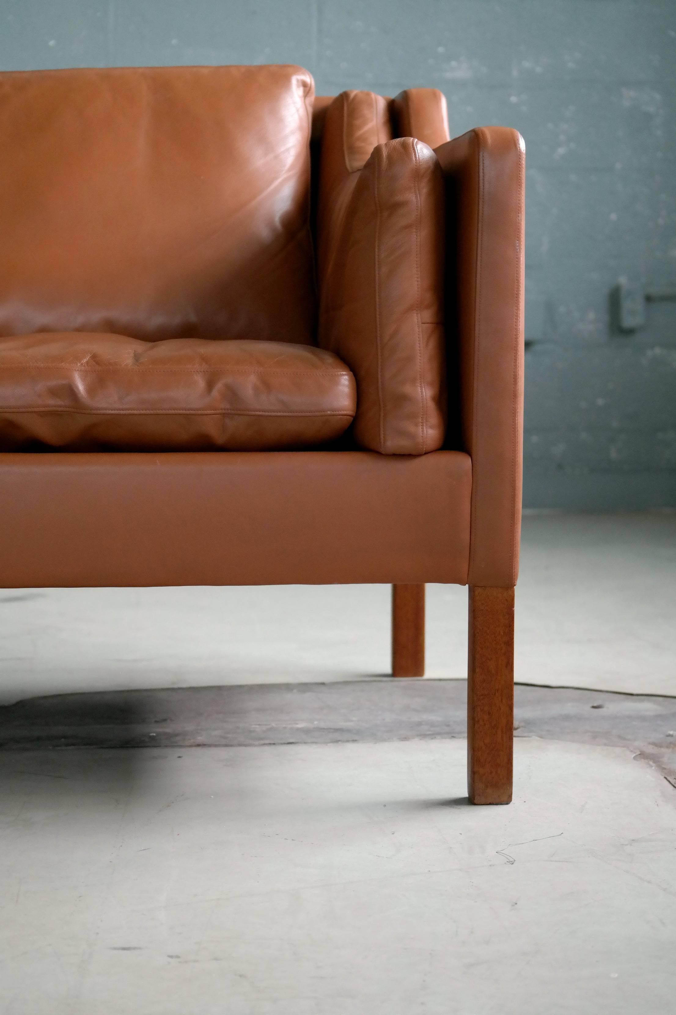 Mid-Century Modern Børge Mogensen Style Two-Seat Sofa in Cognac Leather by Stouby Mobler, Denmark