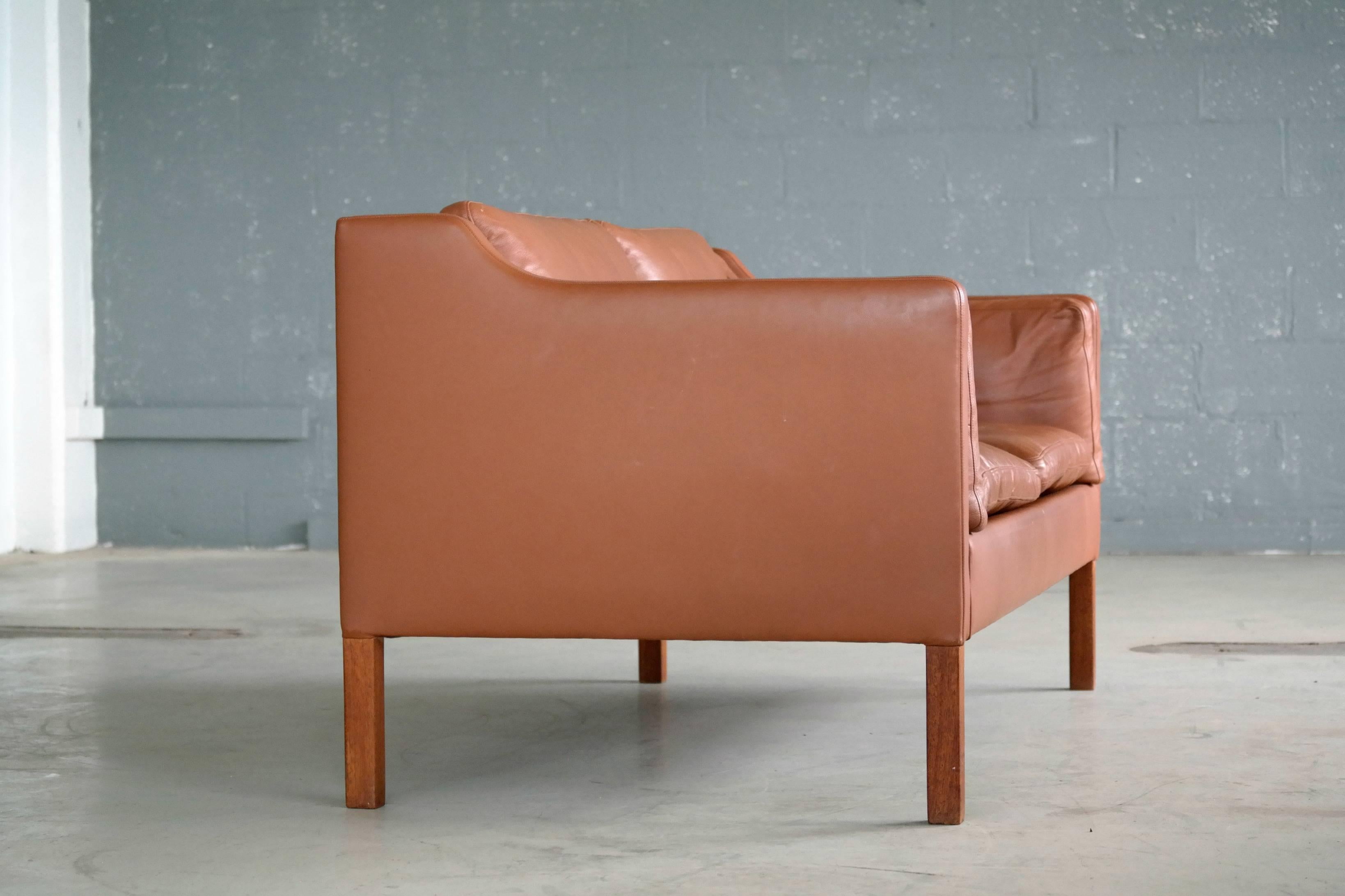 Mid-20th Century Børge Mogensen Style Two-Seat Sofa in Cognac Leather by Stouby Mobler, Denmark