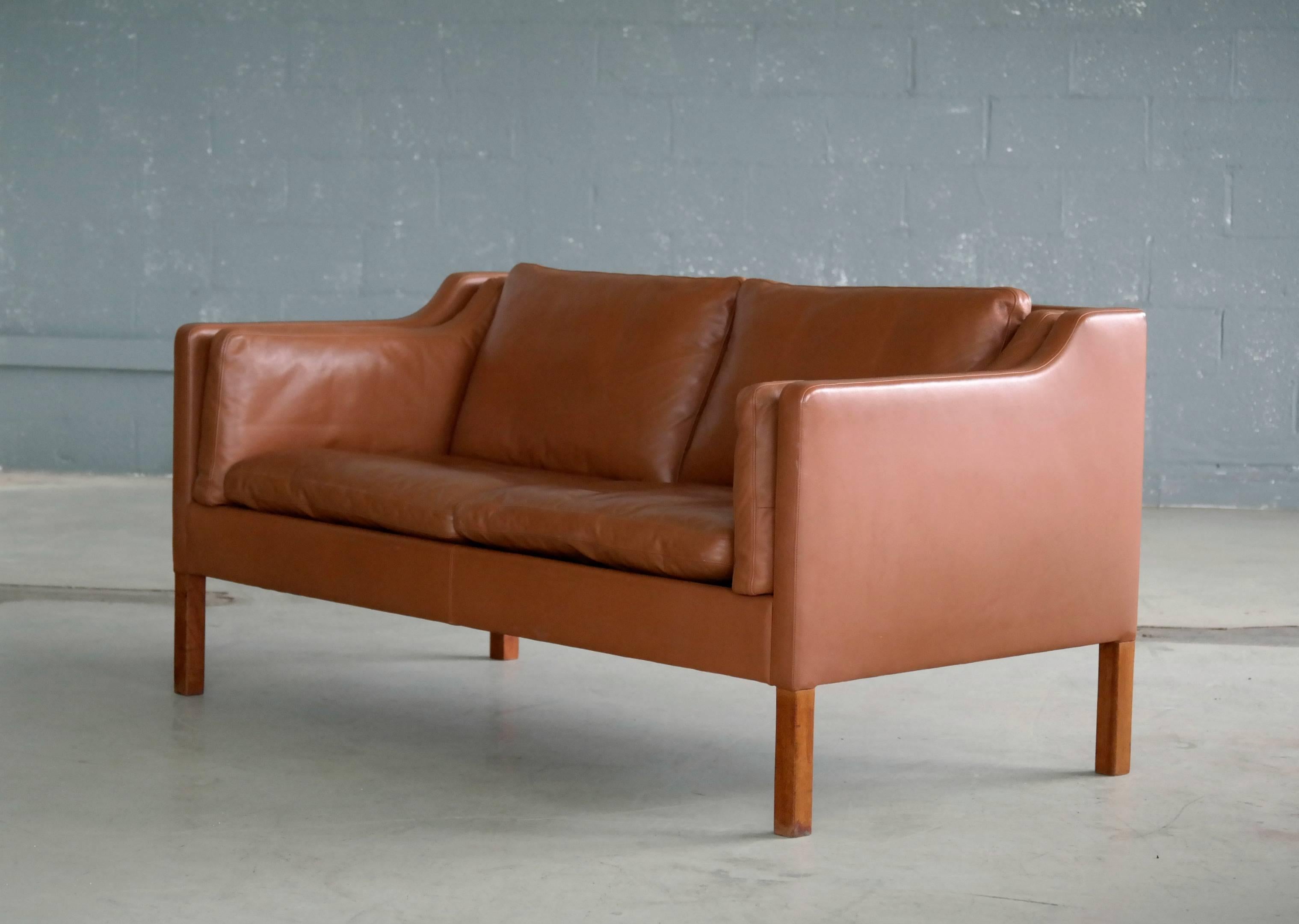 Danish Børge Mogensen Style Two-Seat Sofa in Cognac Leather by Stouby Mobler, Denmark