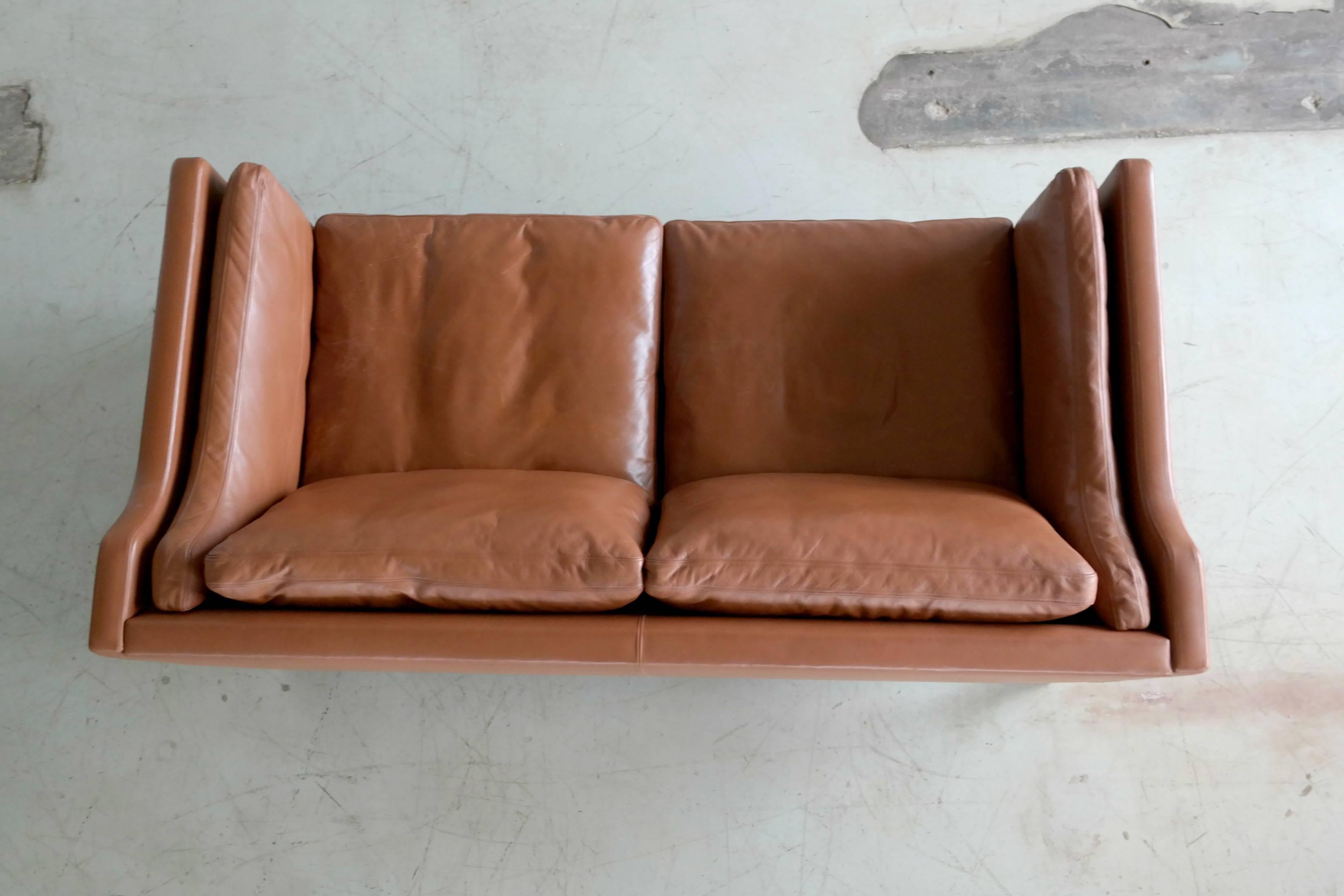 Børge Mogensen Style Two-Seat Sofa in Cognac Leather by Stouby Mobler, Denmark 1