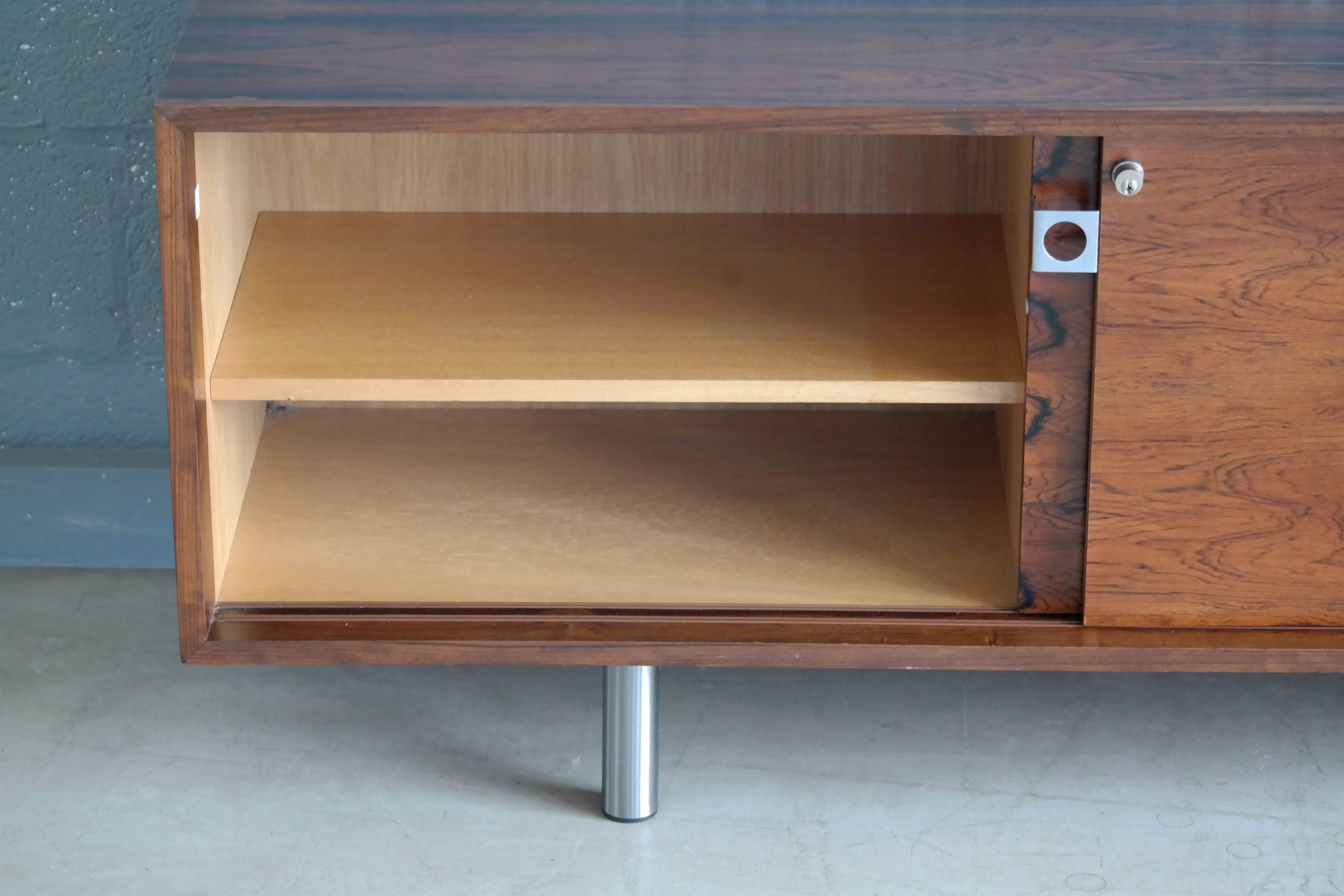Brushed Danish 1960s Low Credenza in Rosewood by Bodil Kjaer for E. Pedersen and Son