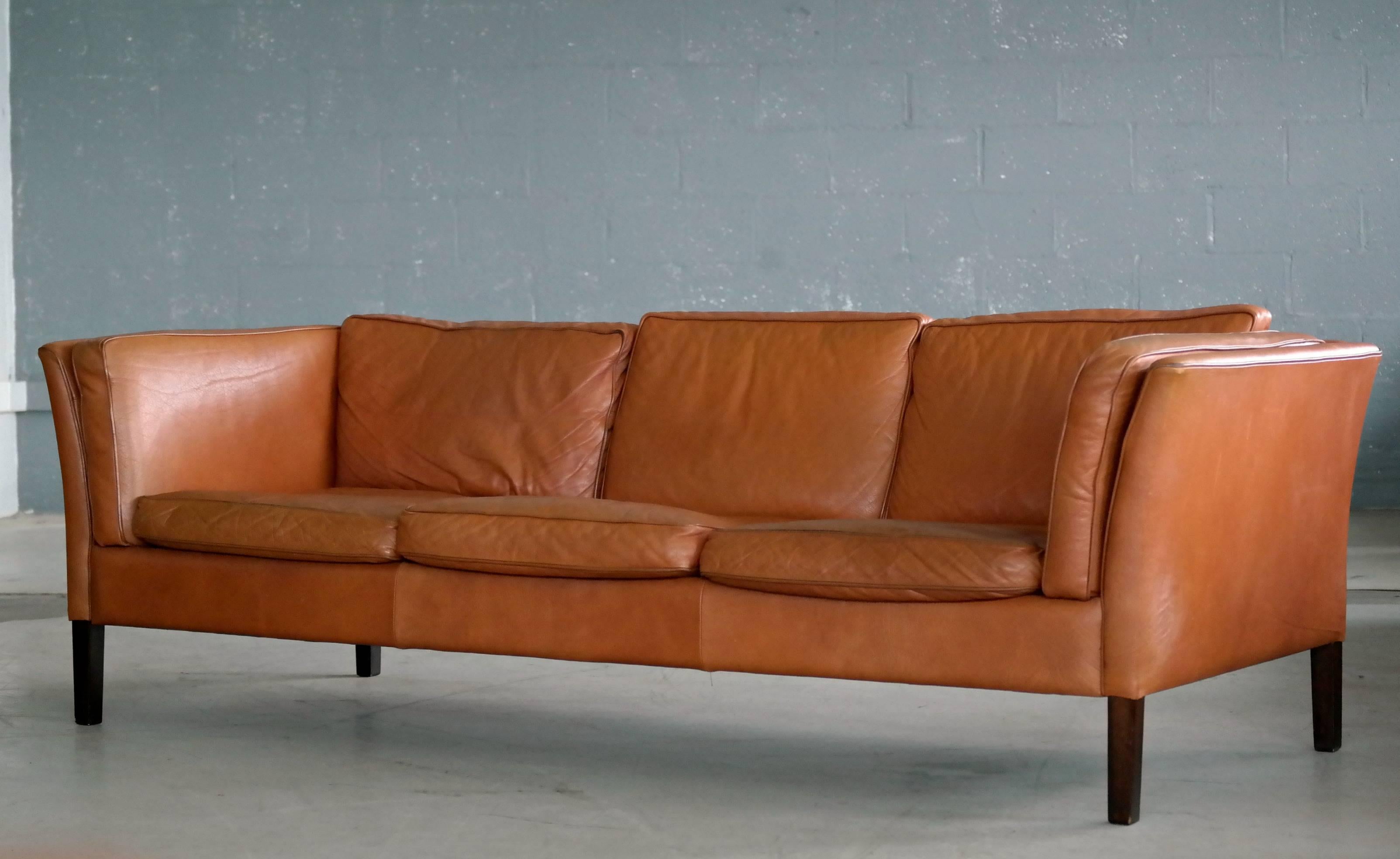Børge Mogensen Style Danish Three-Seat Leather Sofa in Patinated Cognac Leather 1