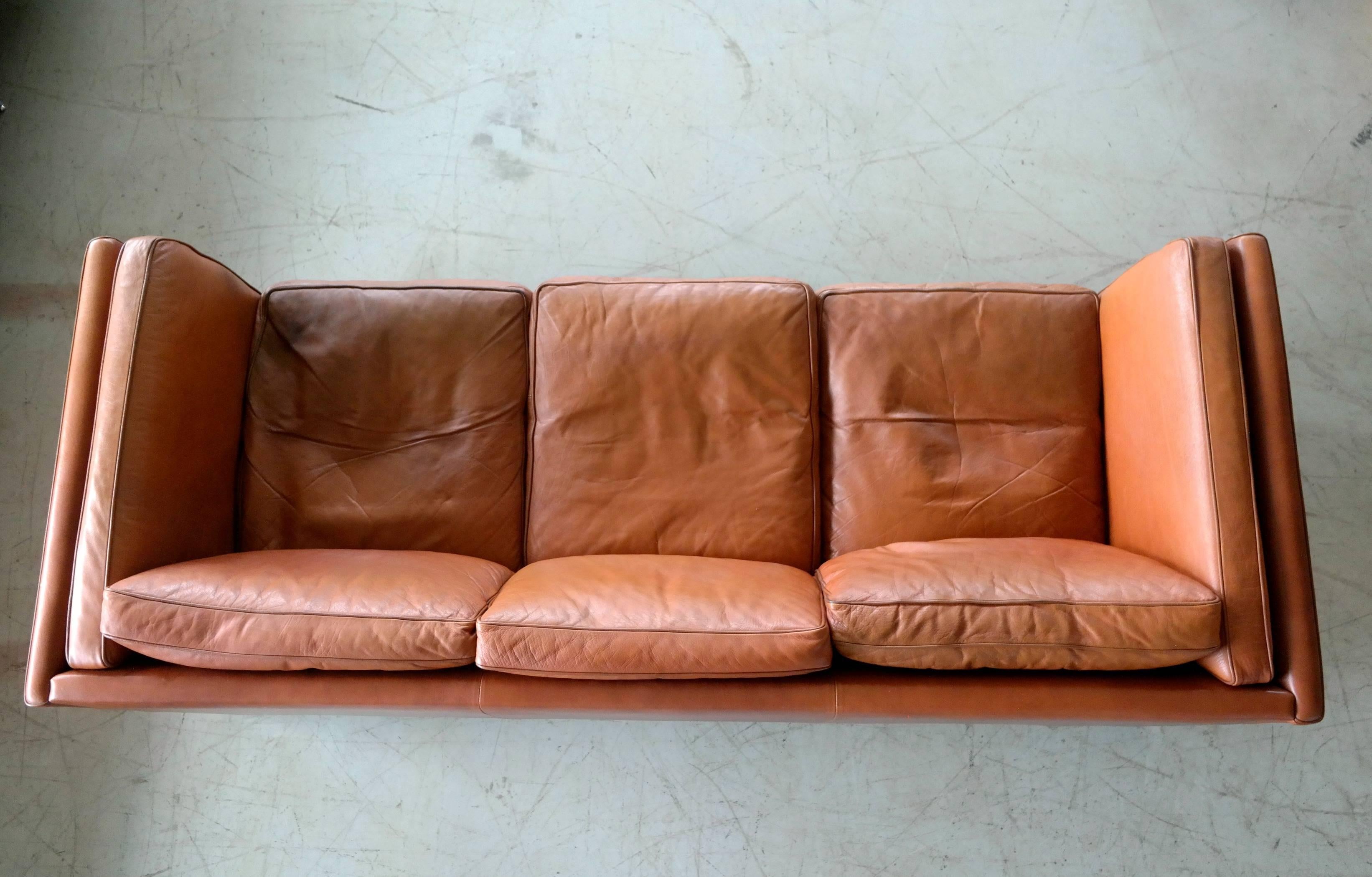 Børge Mogensen Style Danish Three-Seat Leather Sofa in Patinated Cognac Leather 2