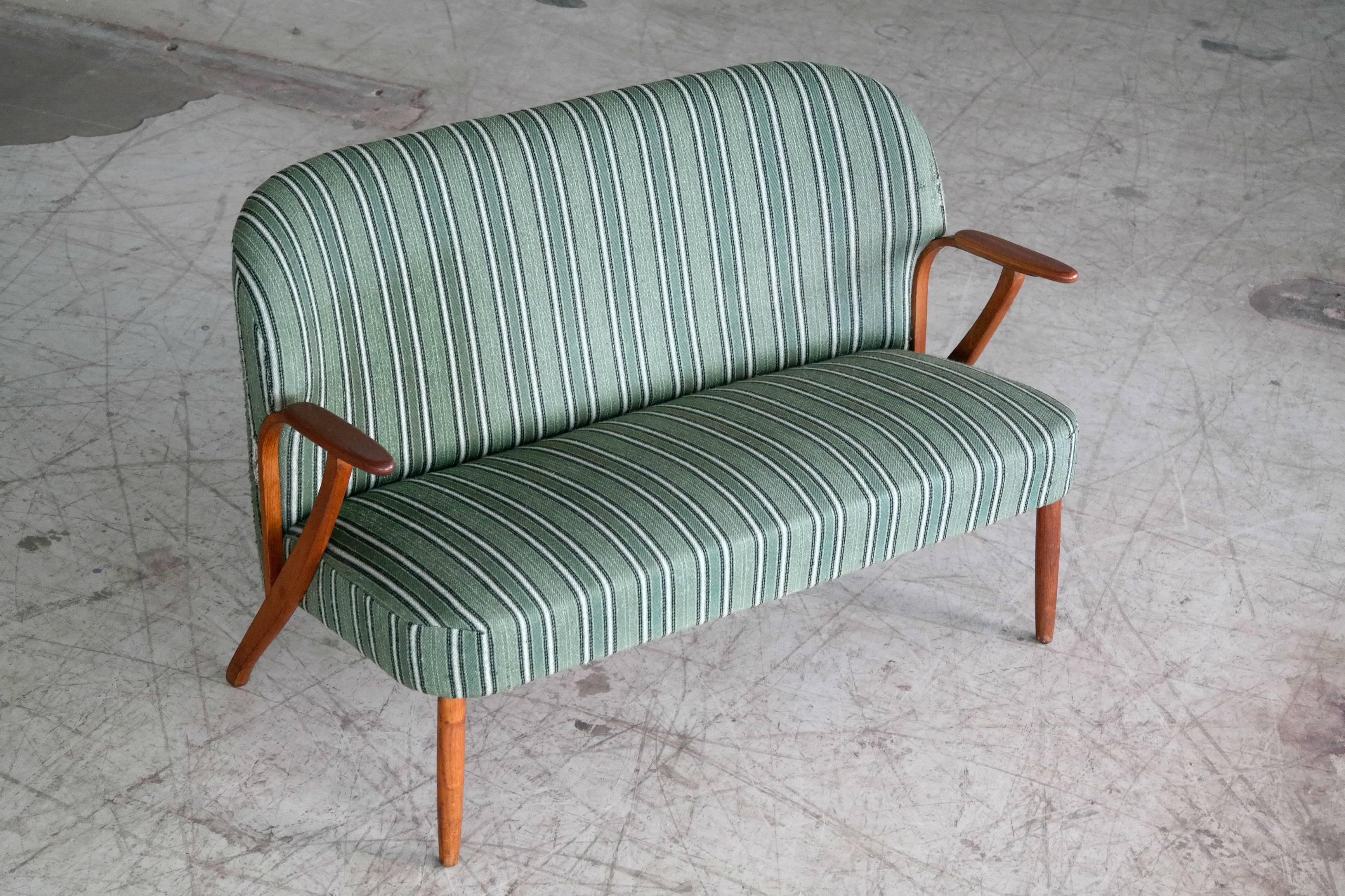 Danish Midcentury Sofa with Teak Armrests Attributed to Arne Hovmand Olsen In Excellent Condition In Bridgeport, CT