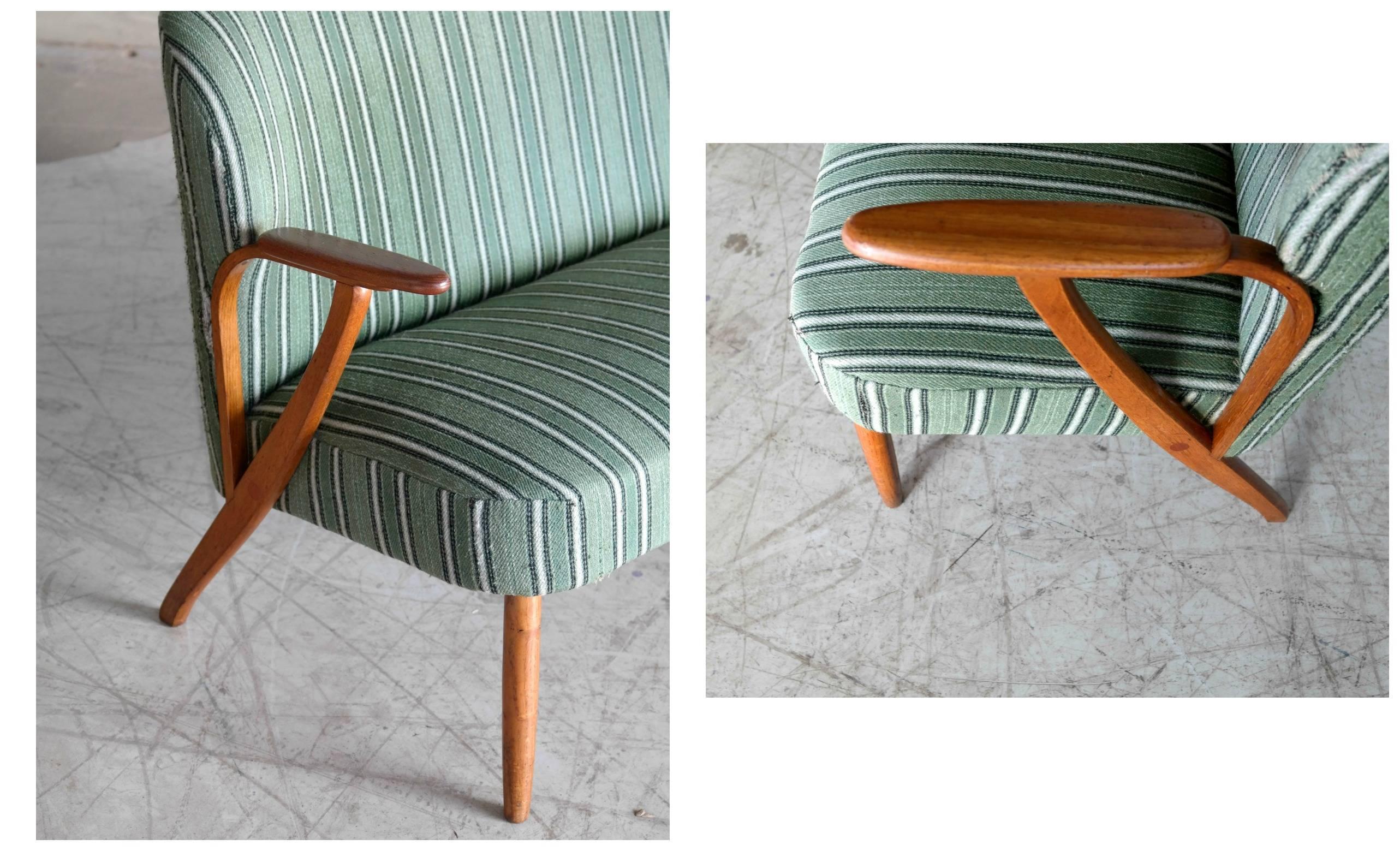 Wool Danish Midcentury Sofa with Teak Armrests Attributed to Arne Hovmand Olsen