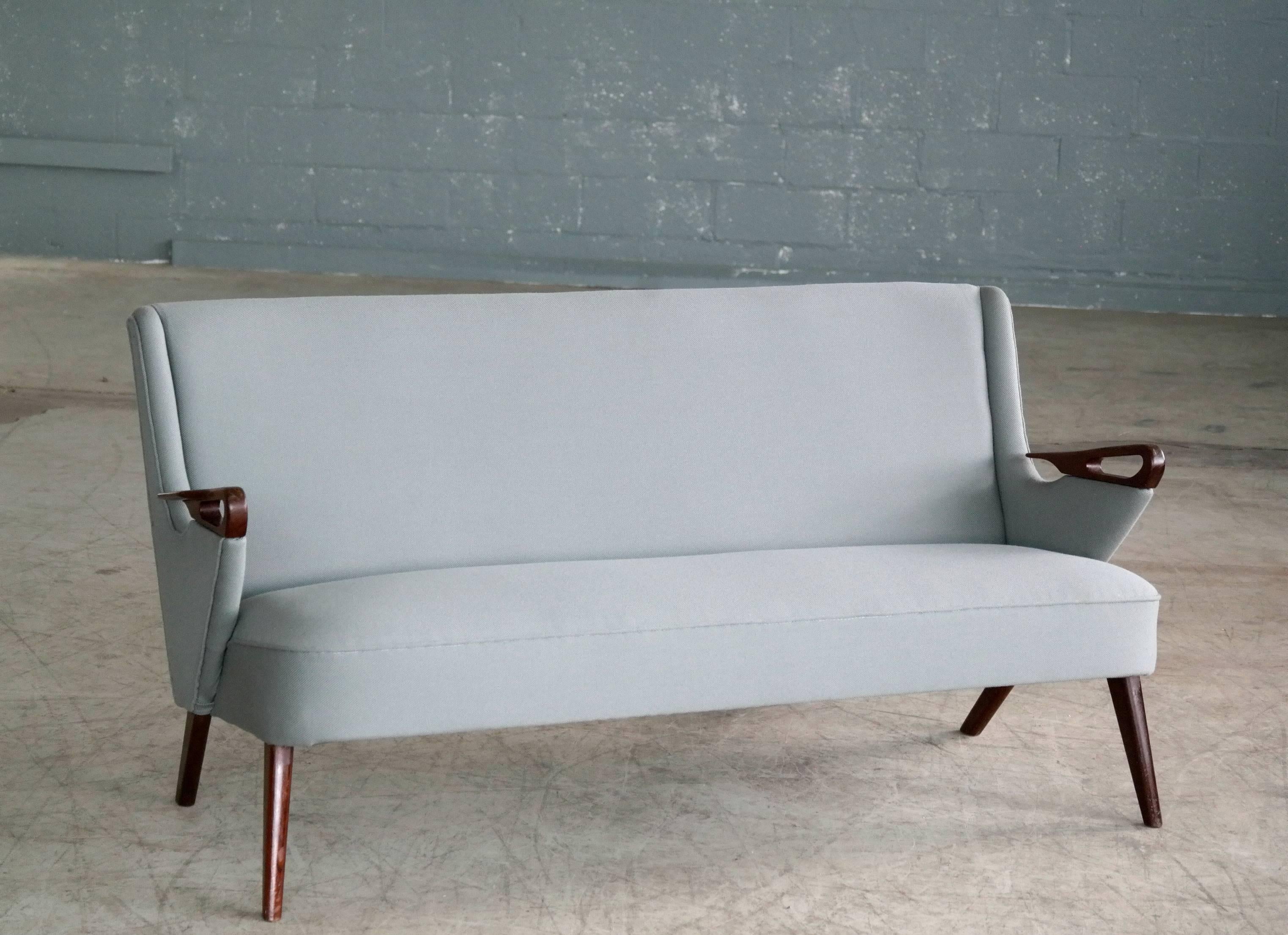 Very rare and simply stunning 1950s sofa designed in the early 1950s by Chresten Findahl Brodersen and manufactured by Findahl Møbelfabrik. While stunning examples of this design have been see infrequently in the Danish furniture market it was only