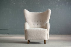 Flemming Lassen High Back Lounge Chair in Lambs Wool Danish, Midcentury