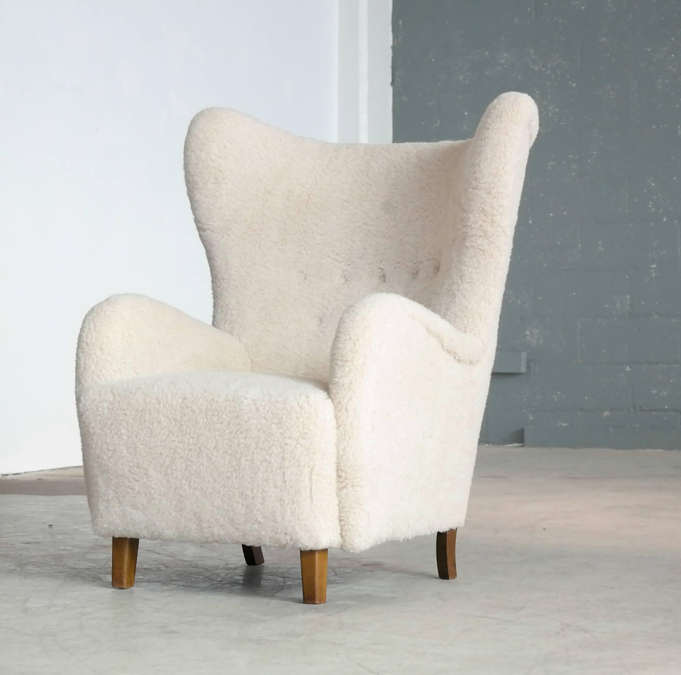 Mid-Century Modern Flemming Lassen High Back Lounge Chair in Lambs Wool Danish, Midcentury