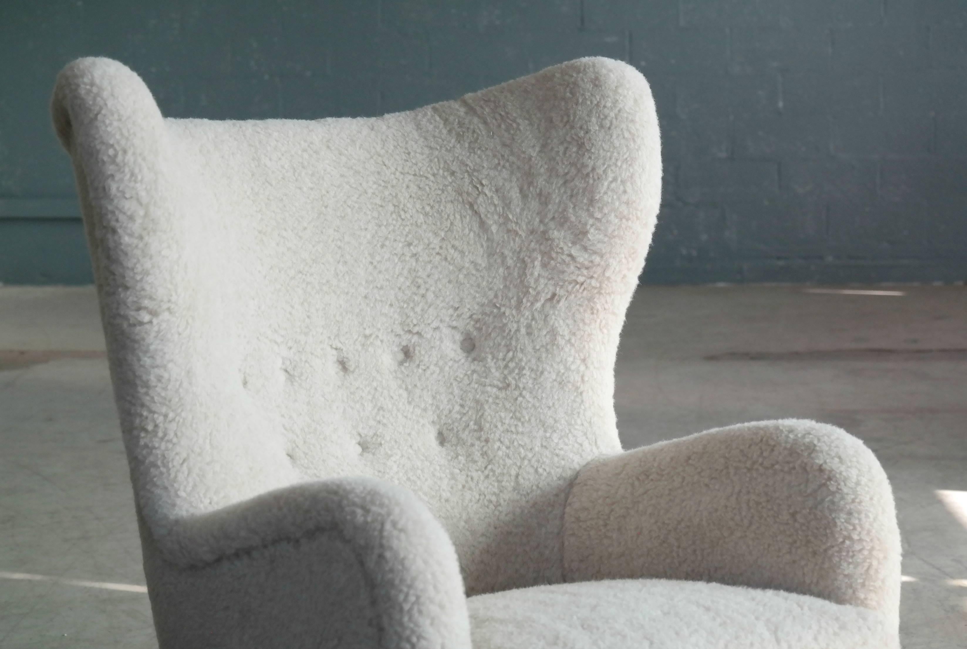 Flemming Lassen High Back Lounge Chair in Lambs Wool Danish, Midcentury 1