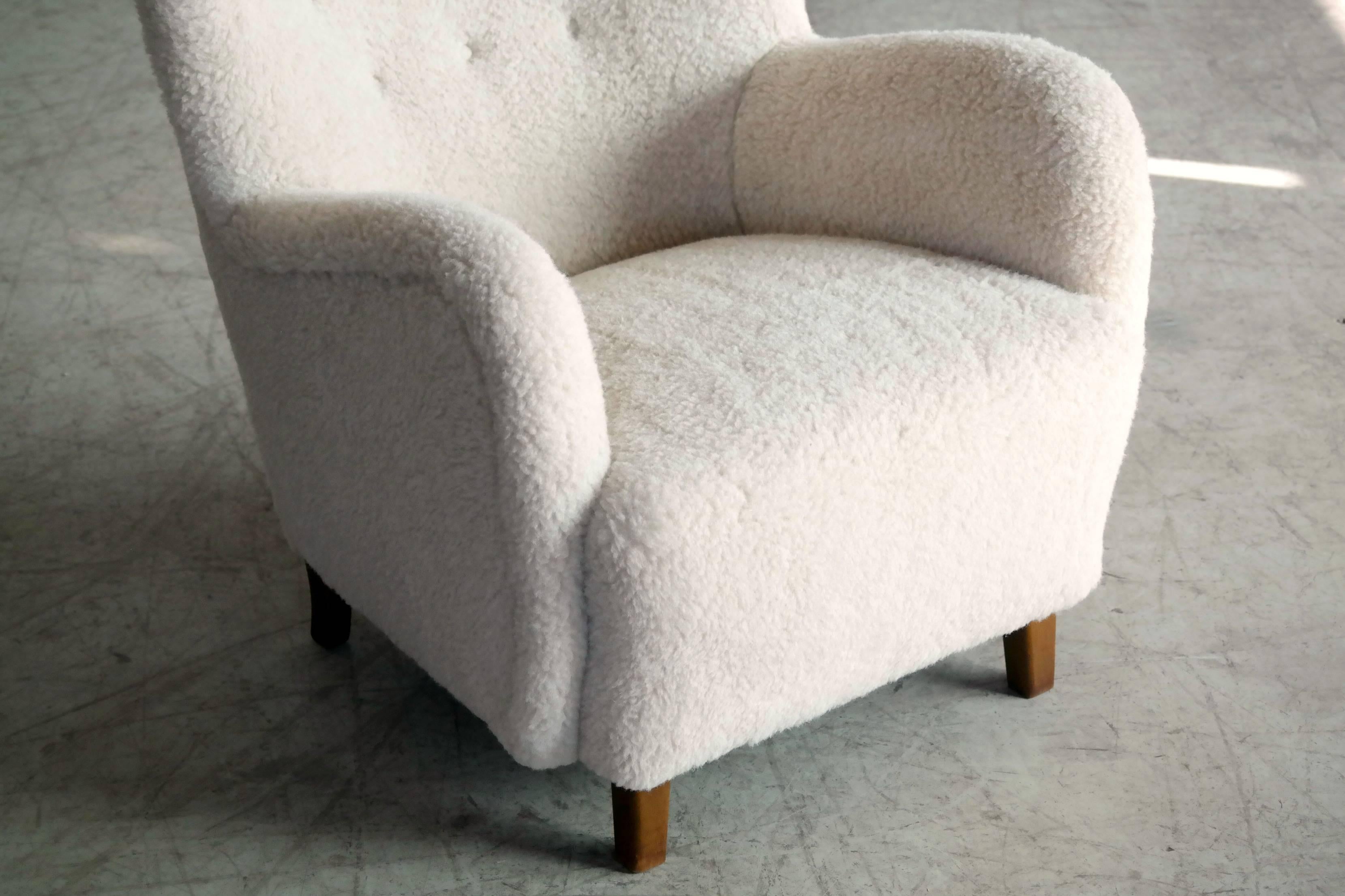 Flemming Lassen High Back Lounge Chair in Lambs Wool Danish, Midcentury 3