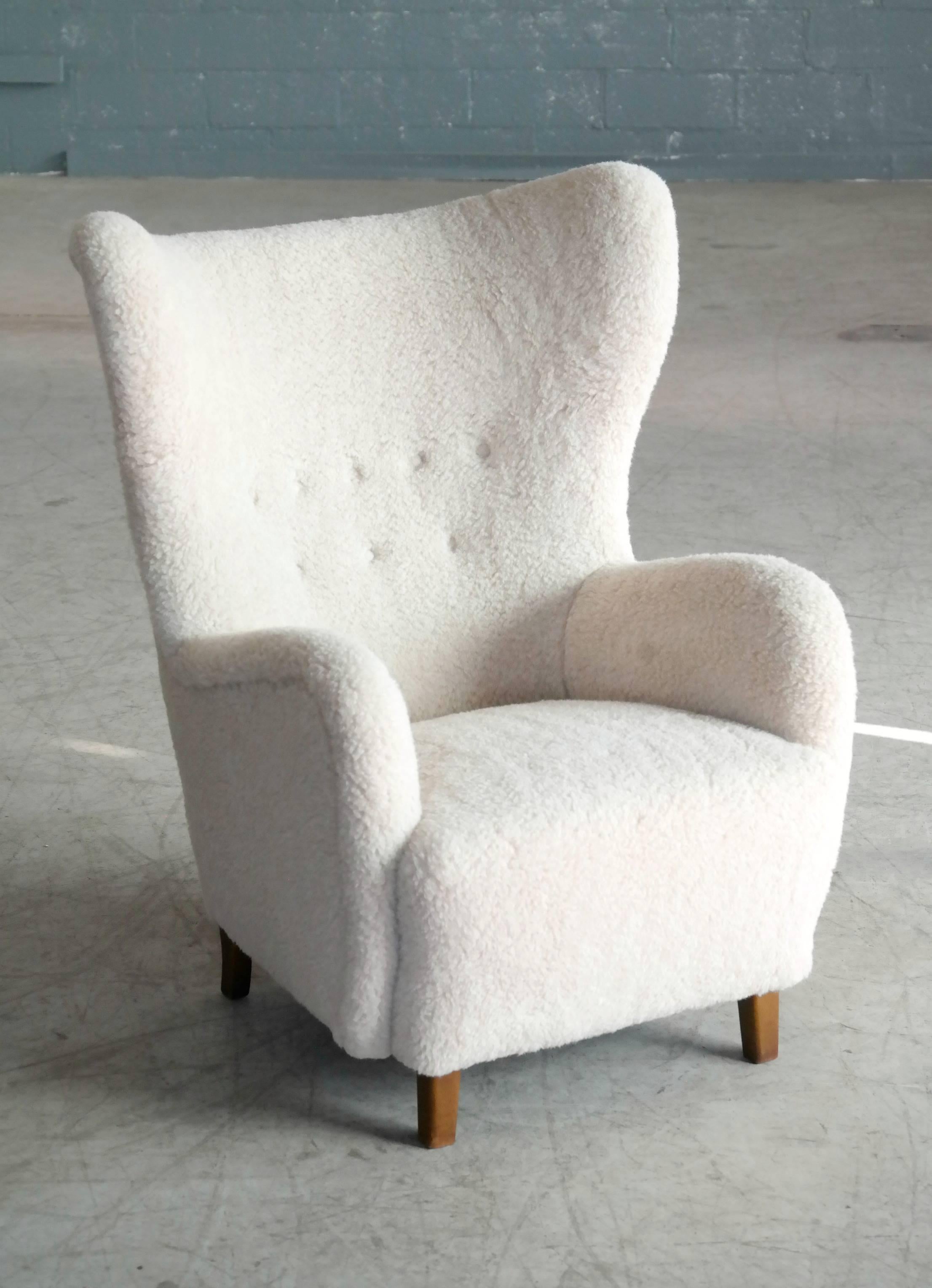 Flemming Lassen High Back Lounge Chair in Lambs Wool Danish, Midcentury 4