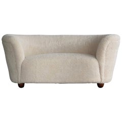 Danish 1940s Viggo Boesen Style Curved Loveseat or Sofa Covered in Lambswool 