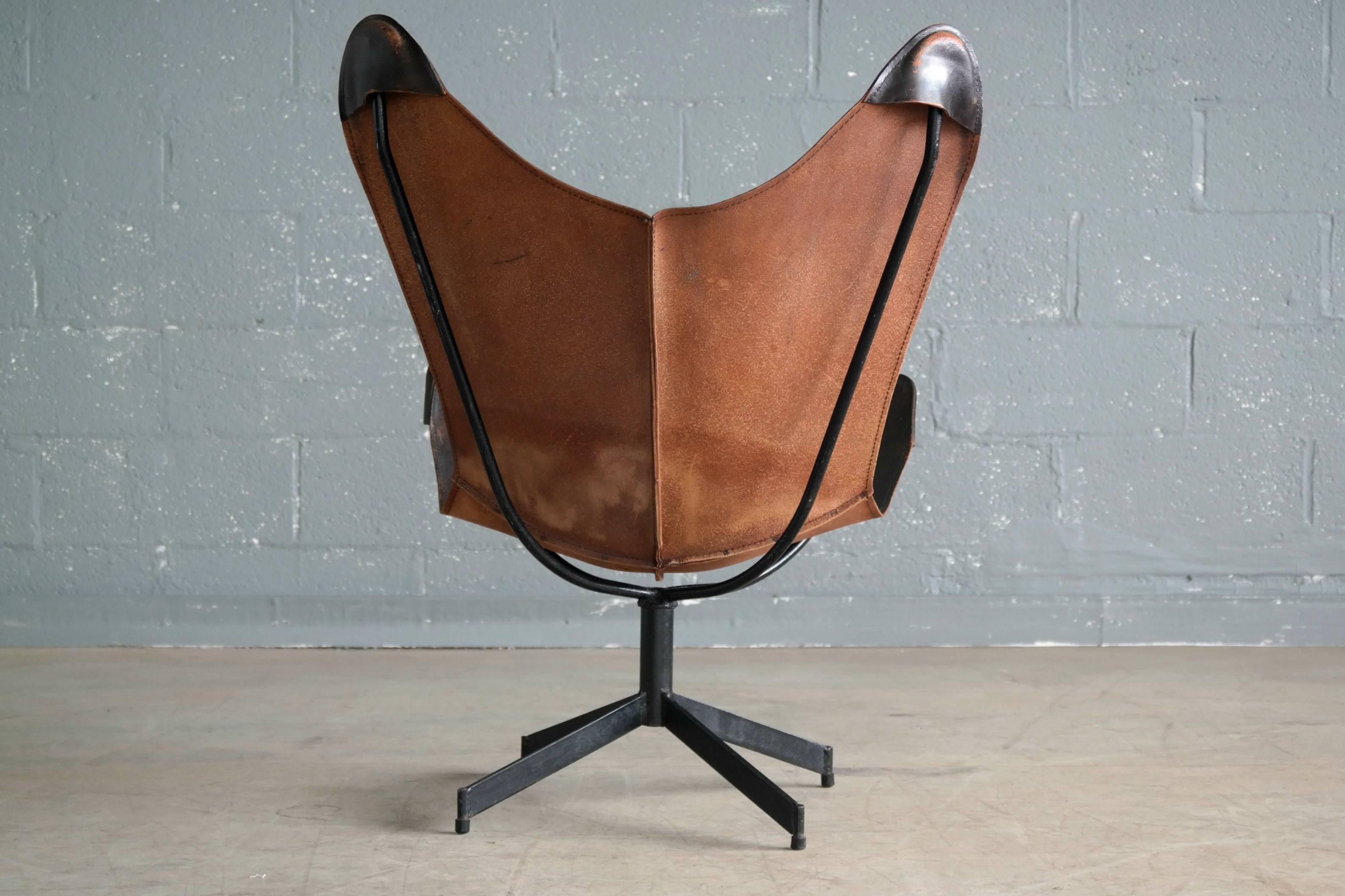 American 1960s Butterfly Sling Chair and Ottoman in Saddle Leather by William Katavolos