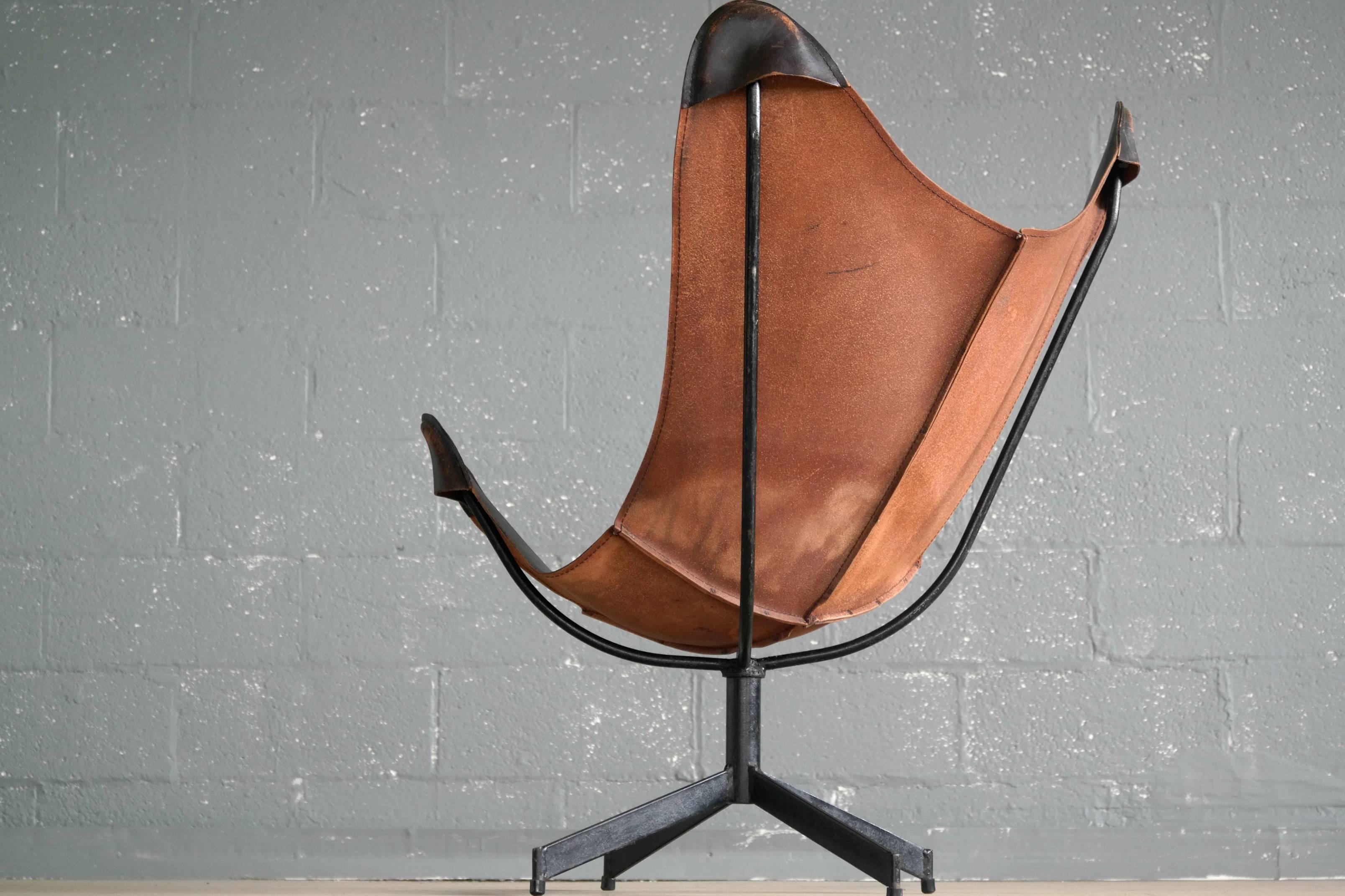 1960s Butterfly Sling Chair and Ottoman in Saddle Leather by William Katavolos 1