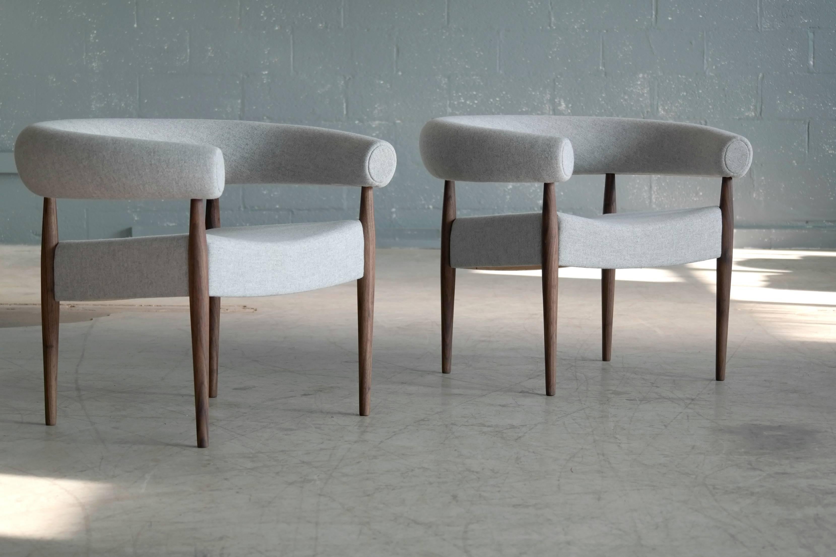 Mid-Century Modern Pair of Nanna Ditzel Ring Chairs in Walnut and Wool for GETAMA, Denmark