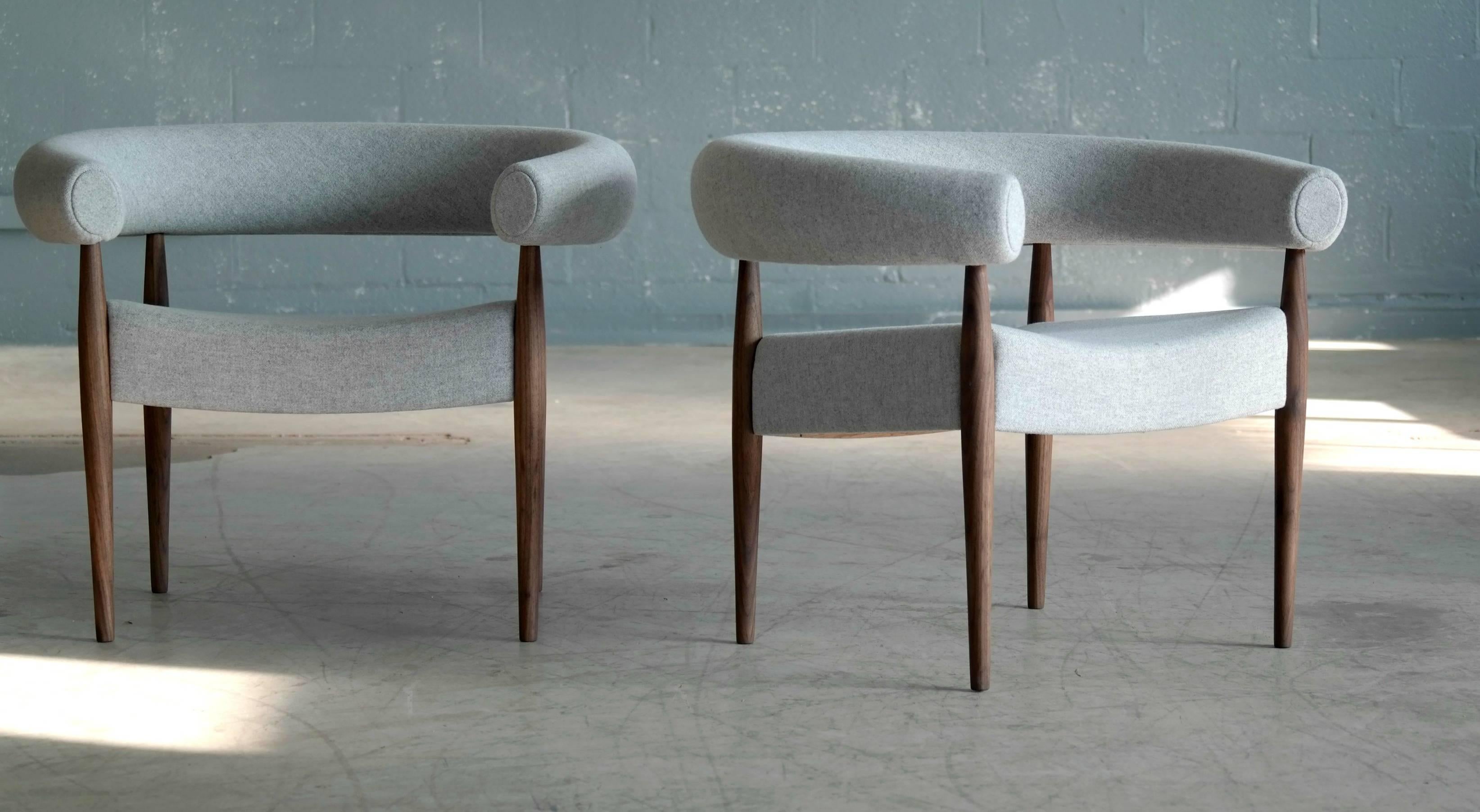 Mid-20th Century Pair of Nanna Ditzel Ring Chairs in Walnut and Wool for GETAMA, Denmark