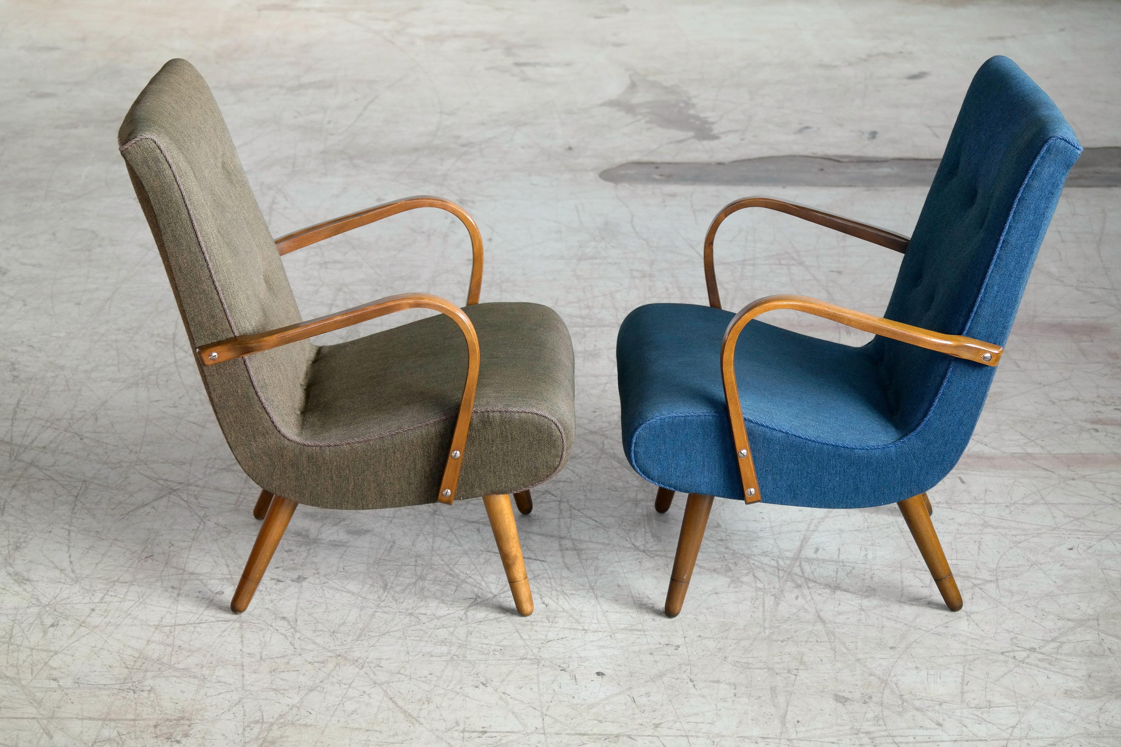 Mid-Century Modern Pair of Danish 1950s Sculptural Lounge Chairs with Curved Wooden Armrests