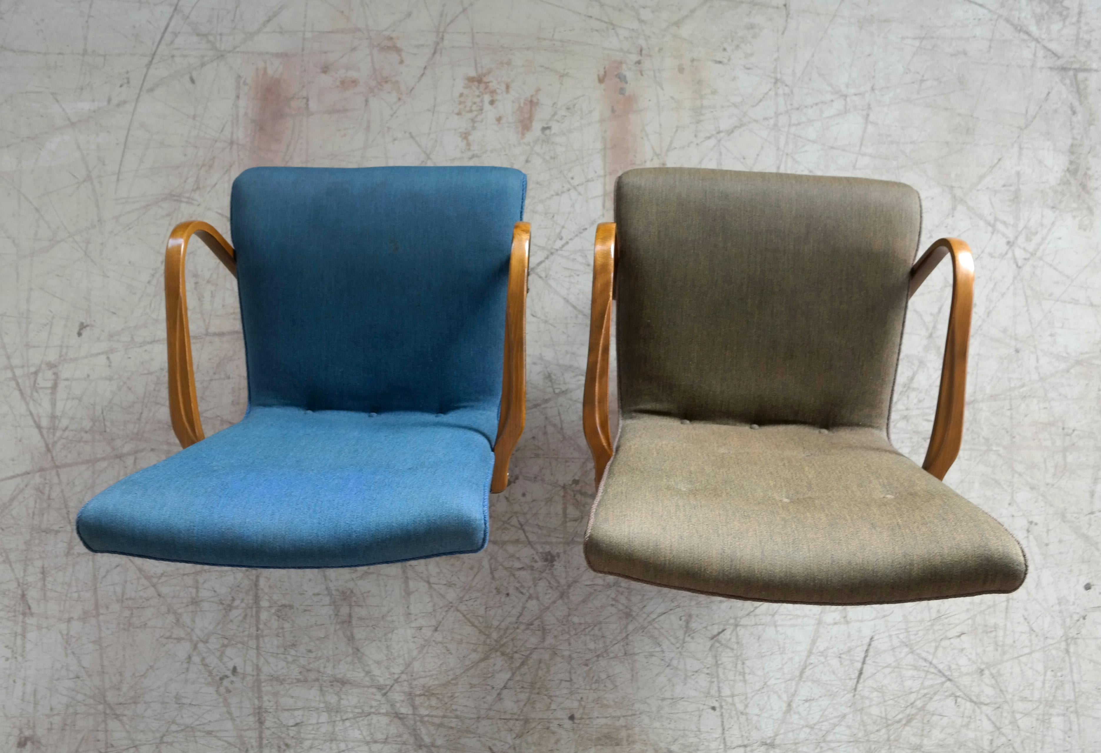 Pair of Danish 1950s Sculptural Lounge Chairs with Curved Wooden Armrests 6