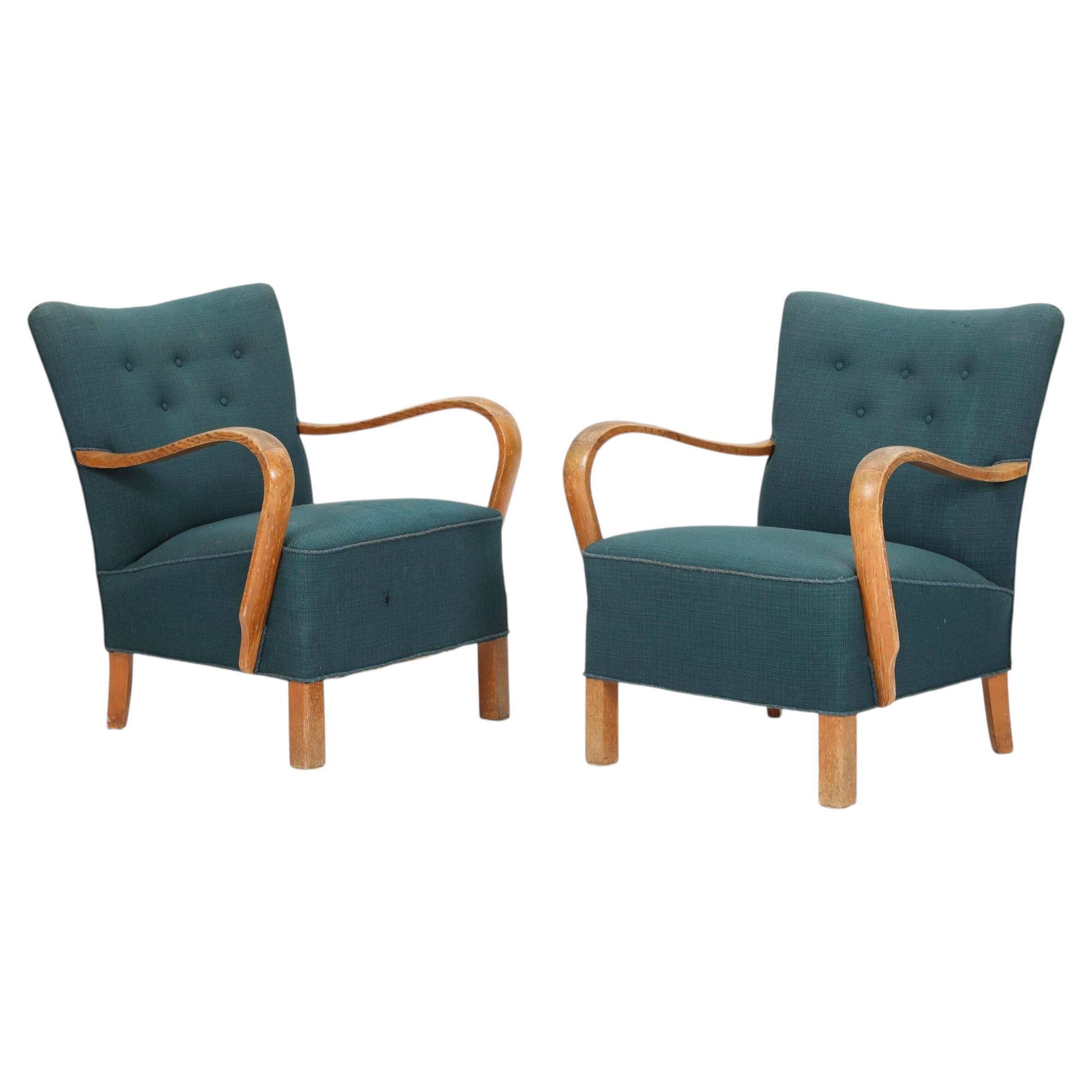 Pair of Danish late Art Deco Lounge Chairs with Birch Armrests Halabala Style For Sale