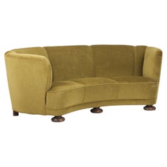 Danish 1940s Large Curved Banana Shape Sofa in Original Green Mohair