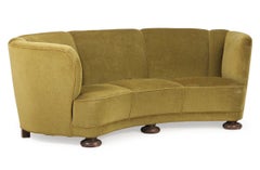 Danish 1940s Large Curved Banana Shape Sofa in Original Green Mohair