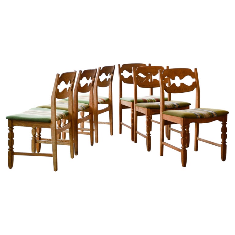 Henning Kjærnulf, Nyrup Møbelfabrik Set of 6 Model 60 Razorblade Dining Chairs in Solid Oak by Henning Kjærnulf