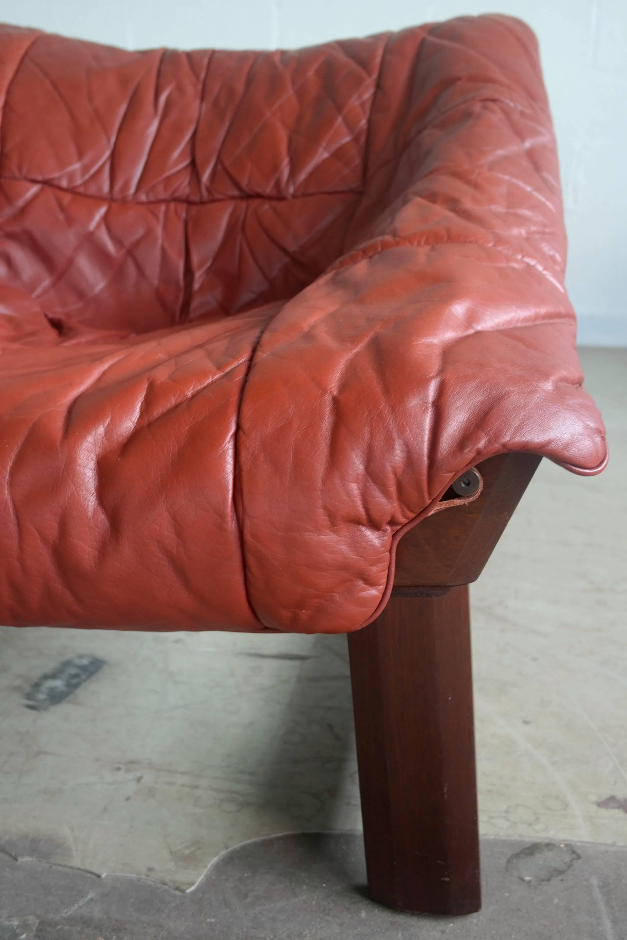 Norwegian Percival Lafer Style Sofa in Leather and Rosewood Stained Beech by Ekornes