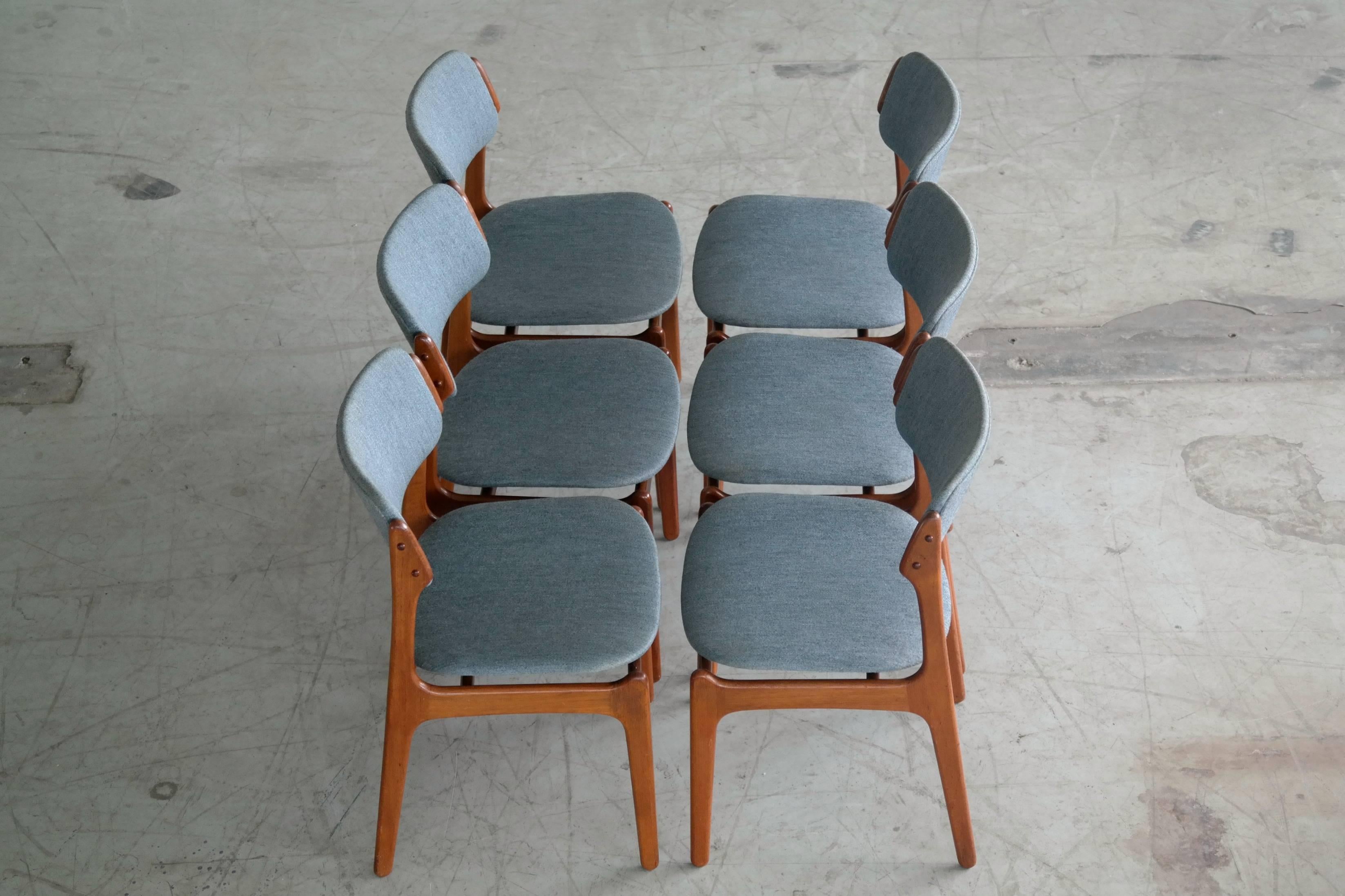 Beautiful set of six Mid-Century Danish dining chairs designed by Erik Buch for OD Mobler A/S, Odense Denmark, circa 1960s
Danish dining chairs are Classic because of their simple yet elegant lines, comfortable seating experience and solid